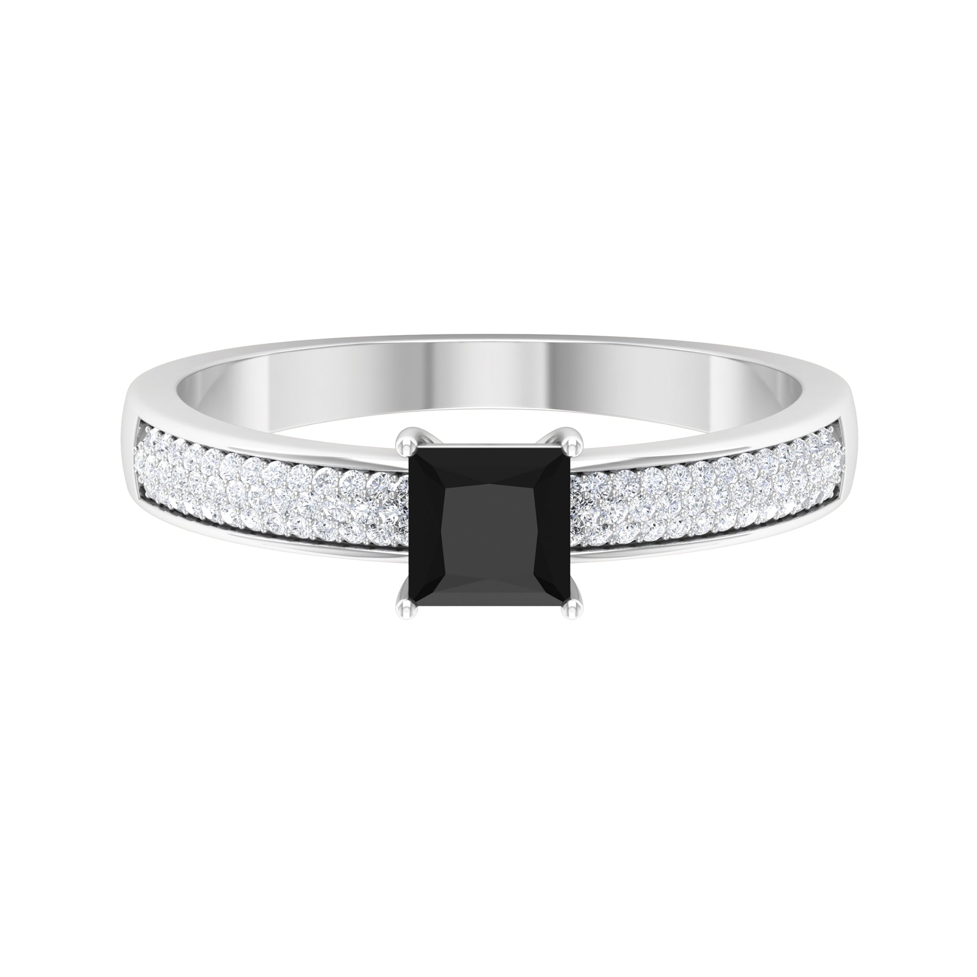 Princess Cut Black Spinel Engagement Ring with Diamond Side Stones Black Spinel - ( AAA ) - Quality - Rosec Jewels