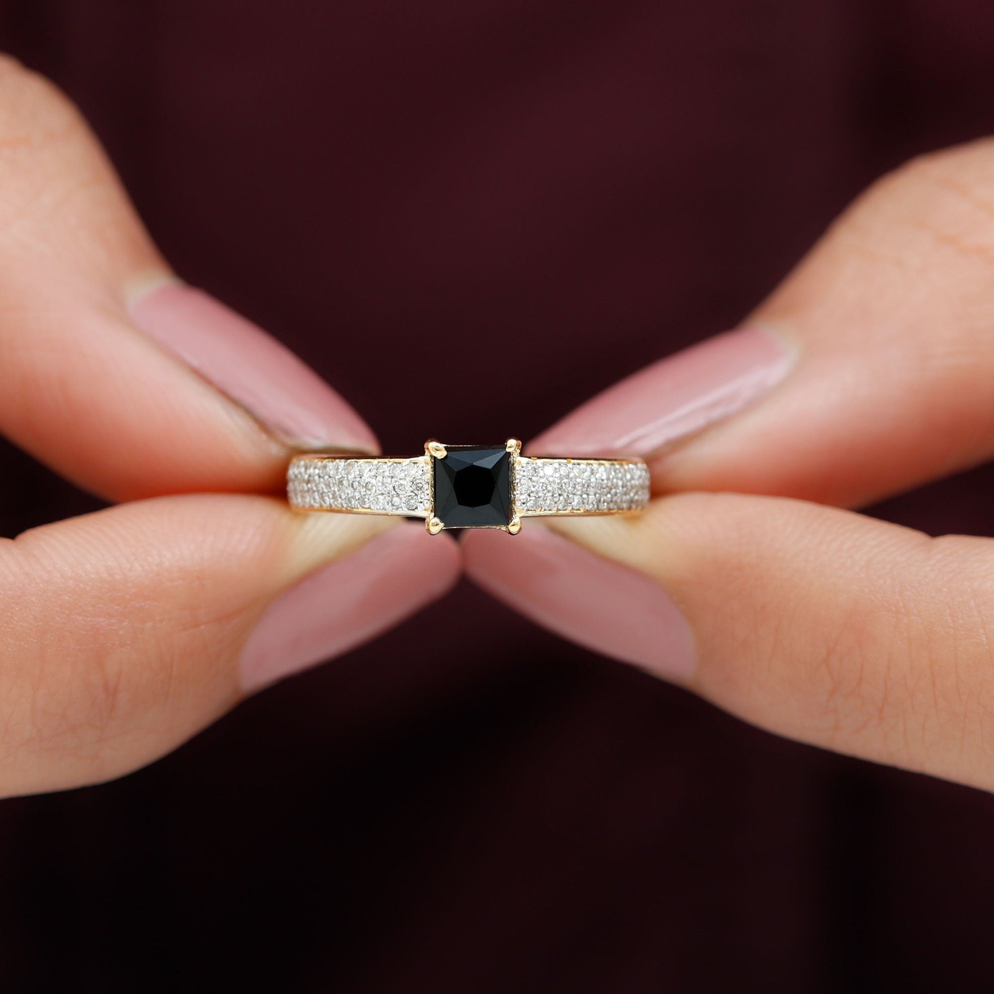 Princess Cut Black Spinel Engagement Ring with Diamond Side Stones Black Spinel - ( AAA ) - Quality - Rosec Jewels