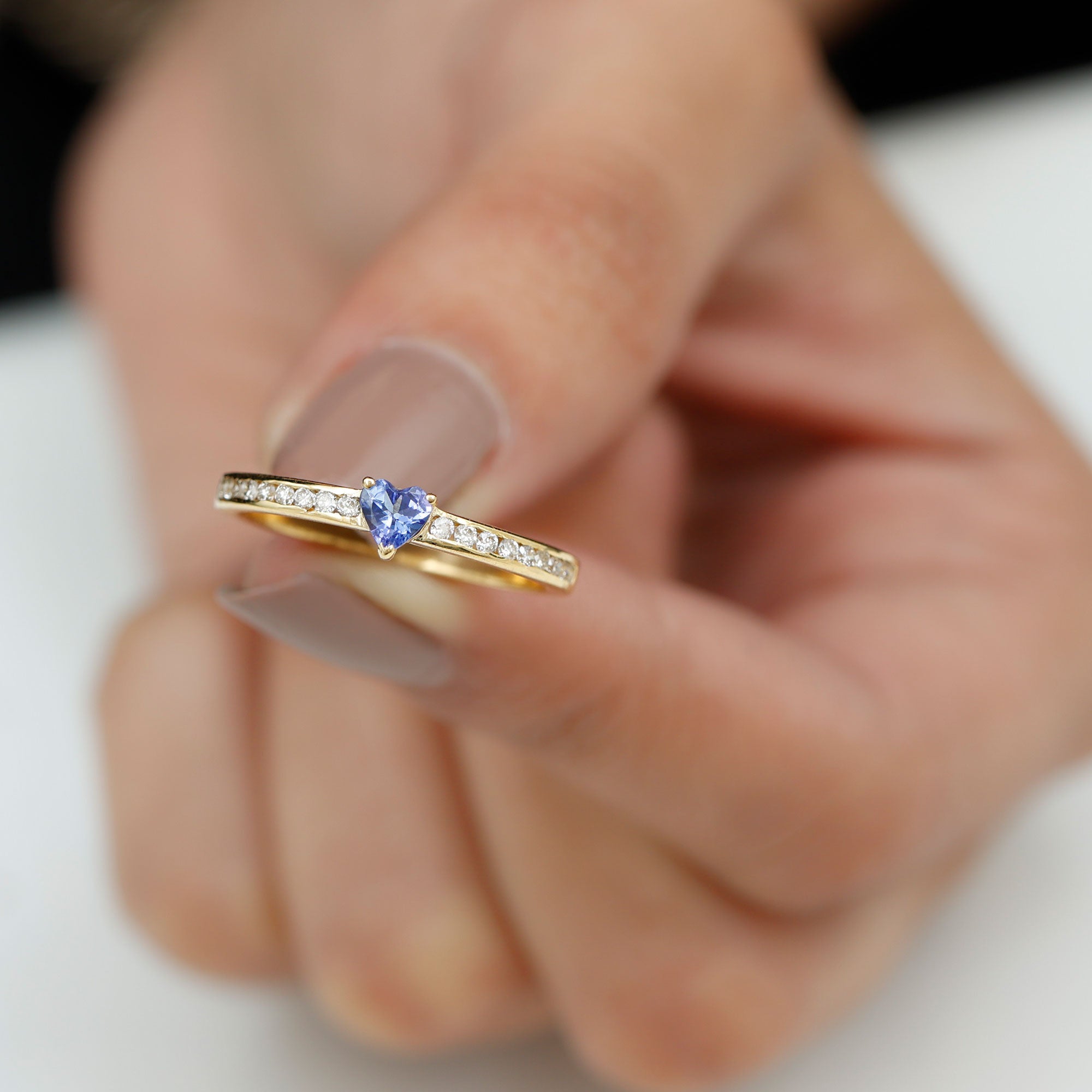 Heart Shape Tanzanite Solitaire Ring with Channel Set Diamond Tanzanite - ( AAA ) - Quality - Rosec Jewels