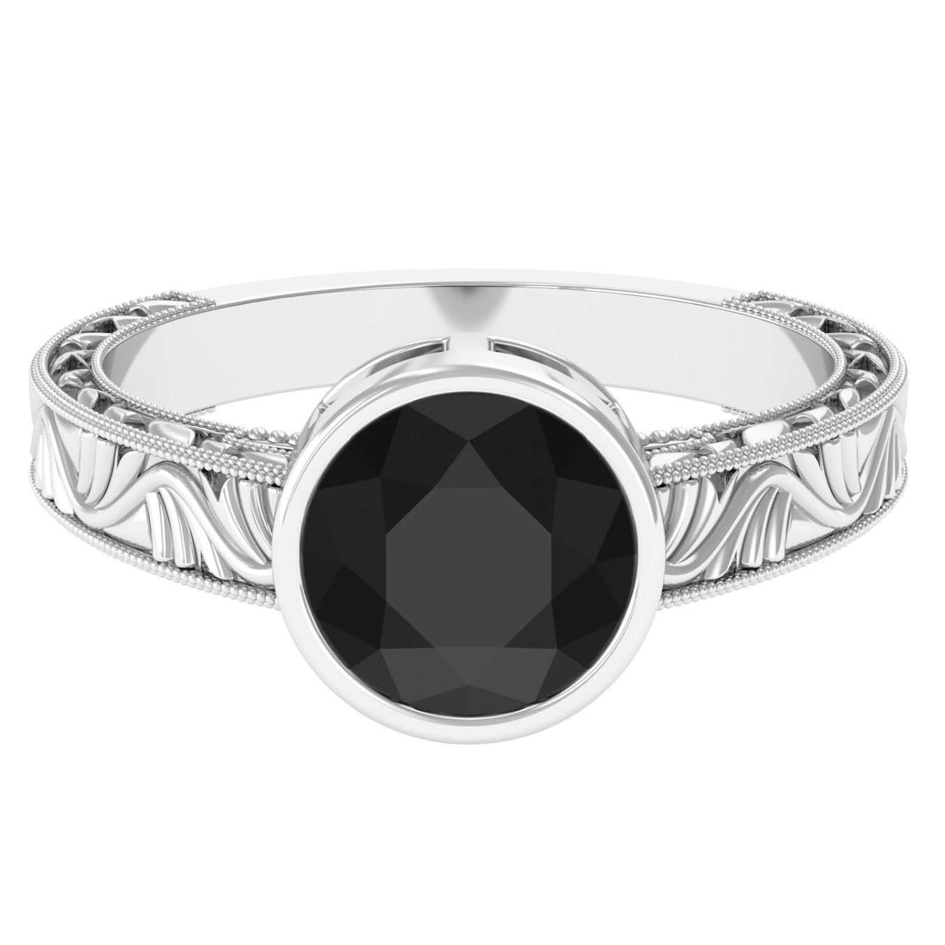 Bezel Set Lab Grown Black Diamond Solitaire Ring with Engraved Detailing Lab Created Black Diamond - ( AAAA ) - Quality - Rosec Jewels