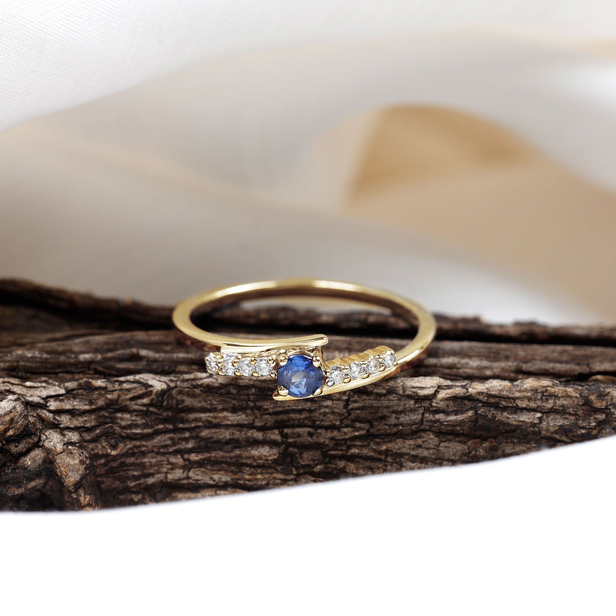 Minimal Round Blue Sapphire and Diamond Bypass Promise Ring Blue Sapphire - ( AAA ) - Quality - Rosec Jewels