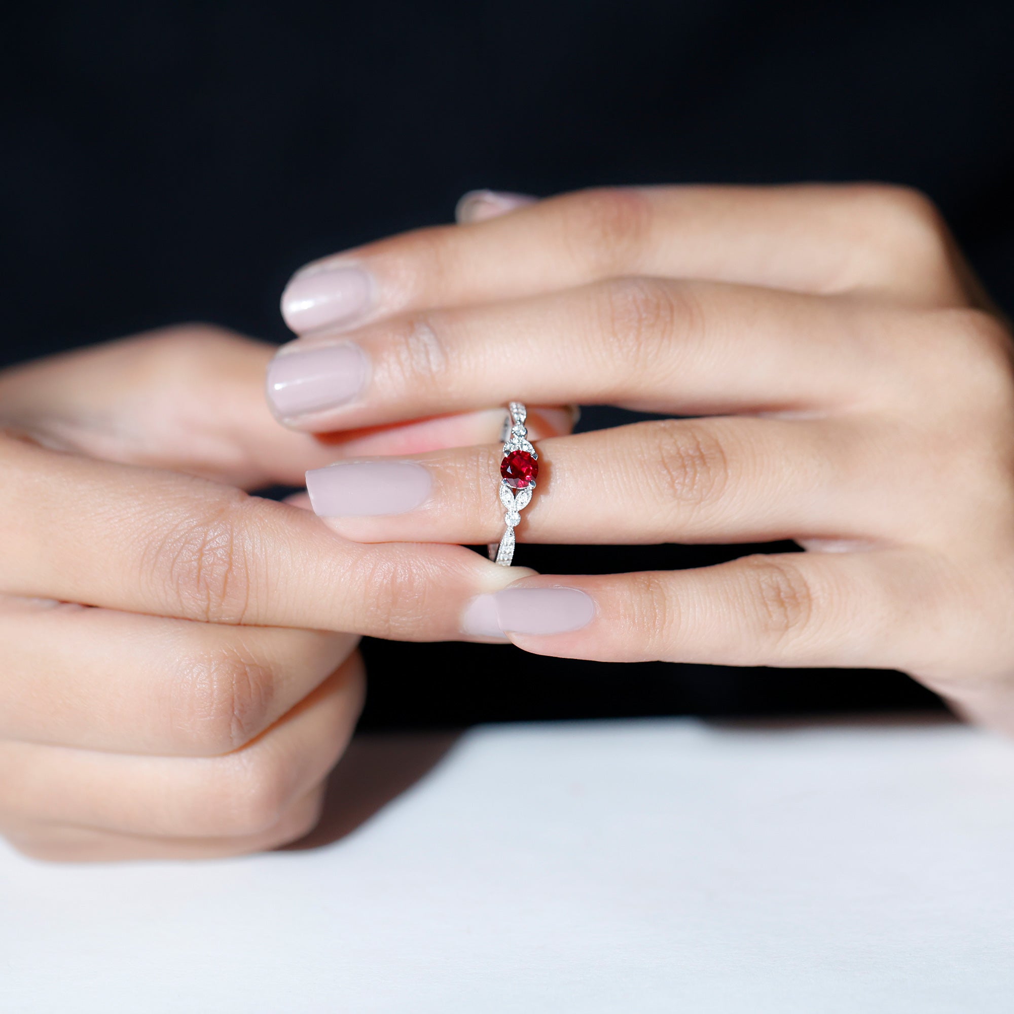 Lab-Lab Grown Ruby and Diamond Minimal Promise Ring Lab Created Ruby - ( AAAA ) - Quality - Rosec Jewels