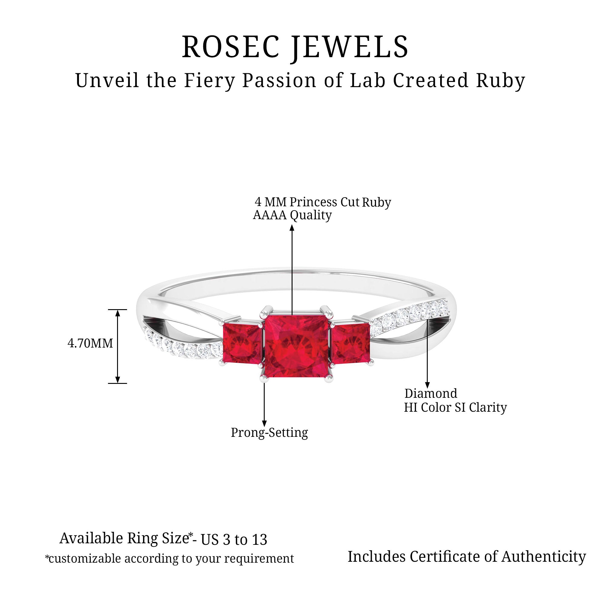 Princess Cut Lab Grown Ruby Three Stone Infinity Ring with Diamond Lab Created Ruby - ( AAAA ) - Quality - Rosec Jewels