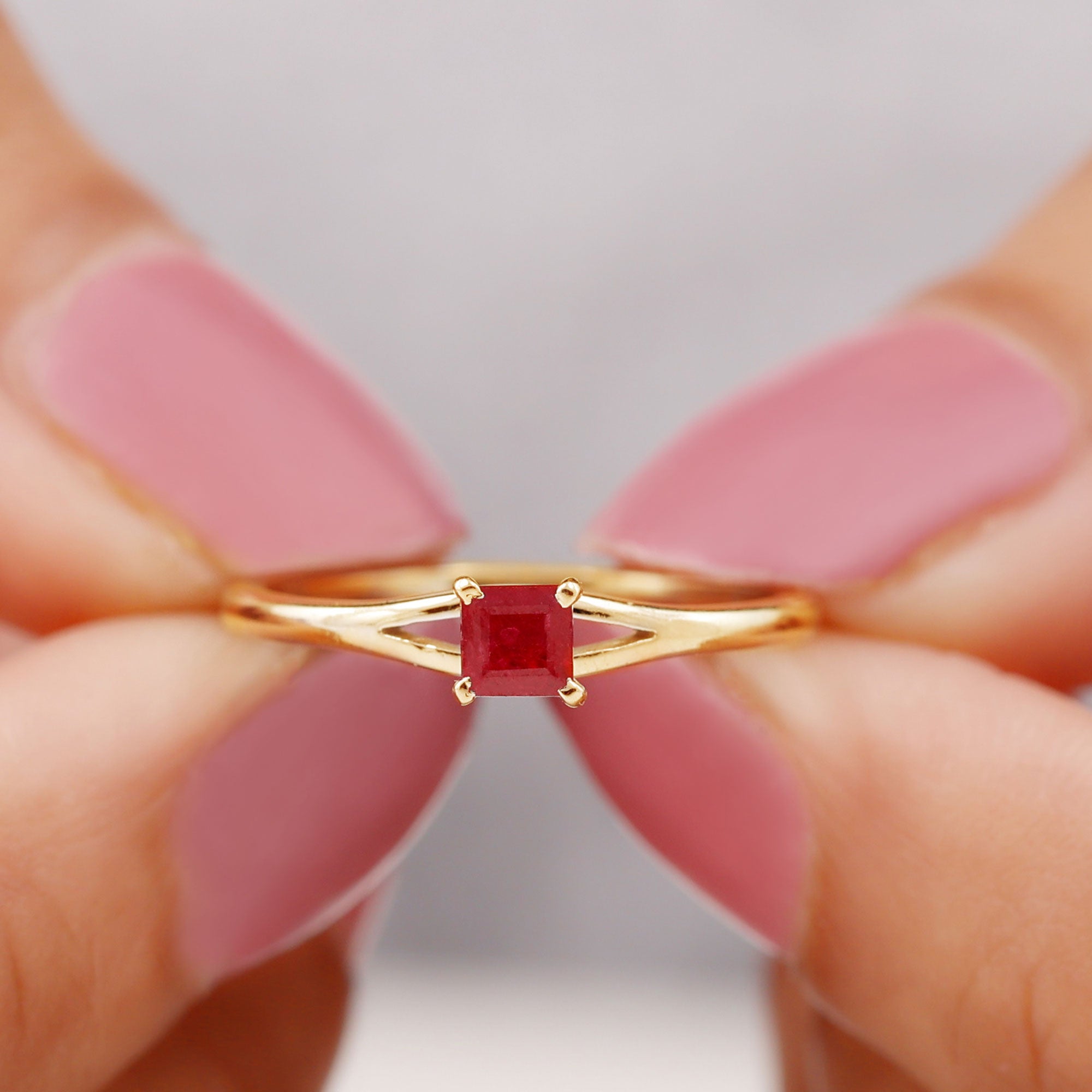 Princess Cut Ruby Solitaire Ring in Split Shank Ruby - ( AAA ) - Quality - Rosec Jewels