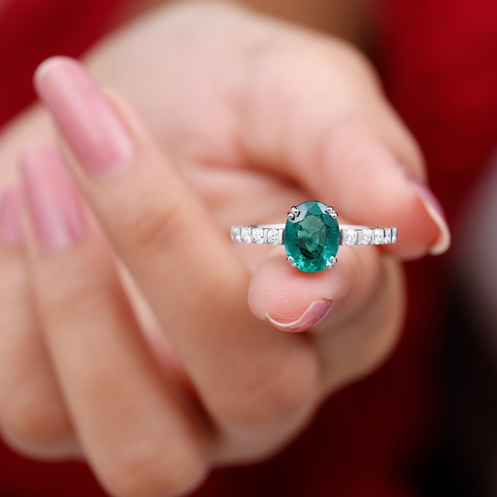 2.5 CT Oval Created Emerald Solitaire Engagement Ring with Diamond Lab Created Emerald - ( AAAA ) - Quality - Rosec Jewels