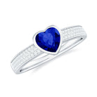 Heart Shape Created Blue Sapphire Solitaire Ring with Diamond Side Stone Lab Created Blue Sapphire - ( AAAA ) - Quality - Rosec Jewels