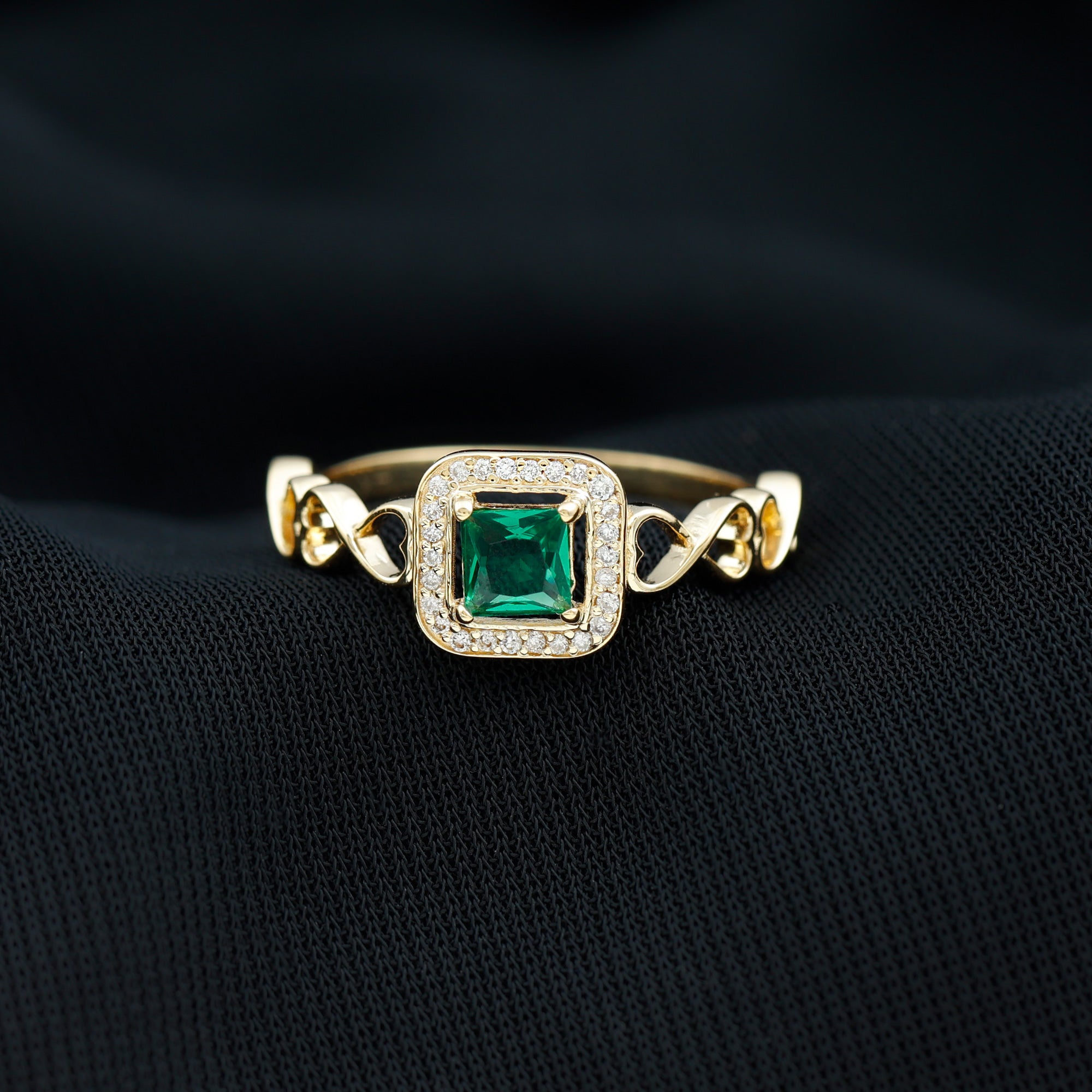 Princess Cut Lab Grown Emerald Infinity Heart Promise Ring with Diamond Halo Lab Created Emerald - ( AAAA ) - Quality - Rosec Jewels