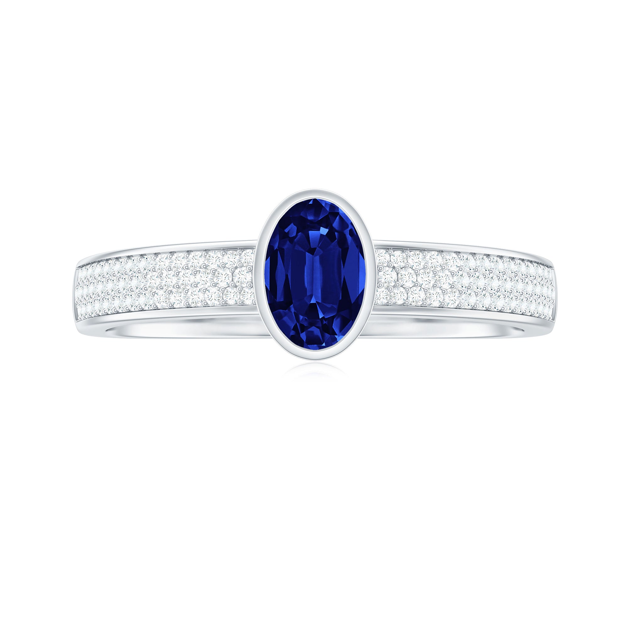 Oval Created Blue Sapphire Solitaire Engagement Ring with Diamond Side Stones Lab Created Blue Sapphire - ( AAAA ) - Quality - Rosec Jewels