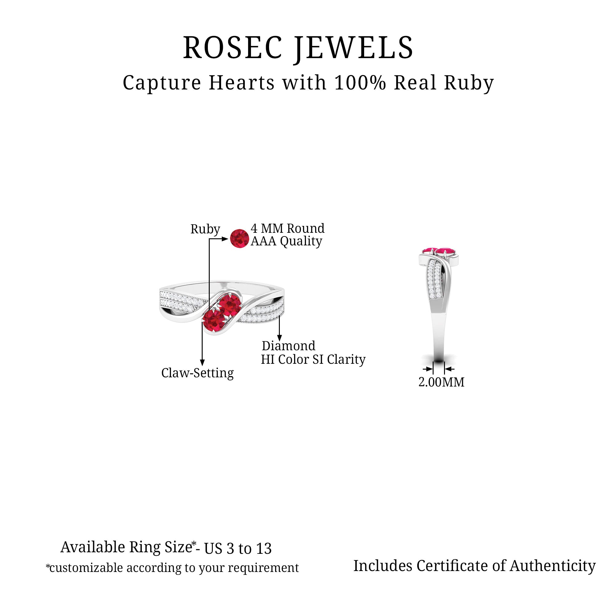 Two Stone Ruby Bypass Engagement Ring with Diamond Ruby - ( AAA ) - Quality - Rosec Jewels