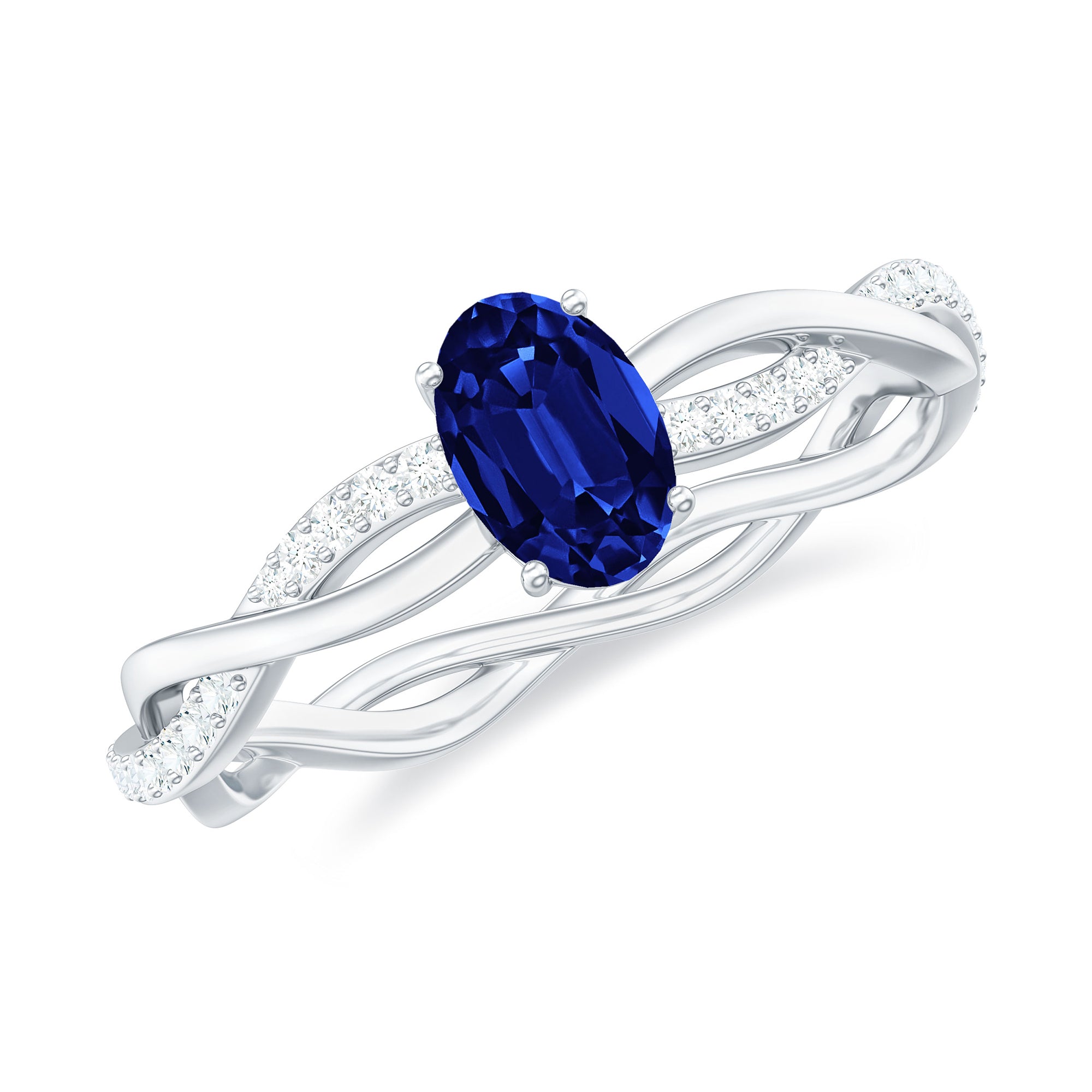 Oval Cut Solitaire Created Blue Sapphire Braided Engagement Ring with Diamond Lab Created Blue Sapphire - ( AAAA ) - Quality - Rosec Jewels