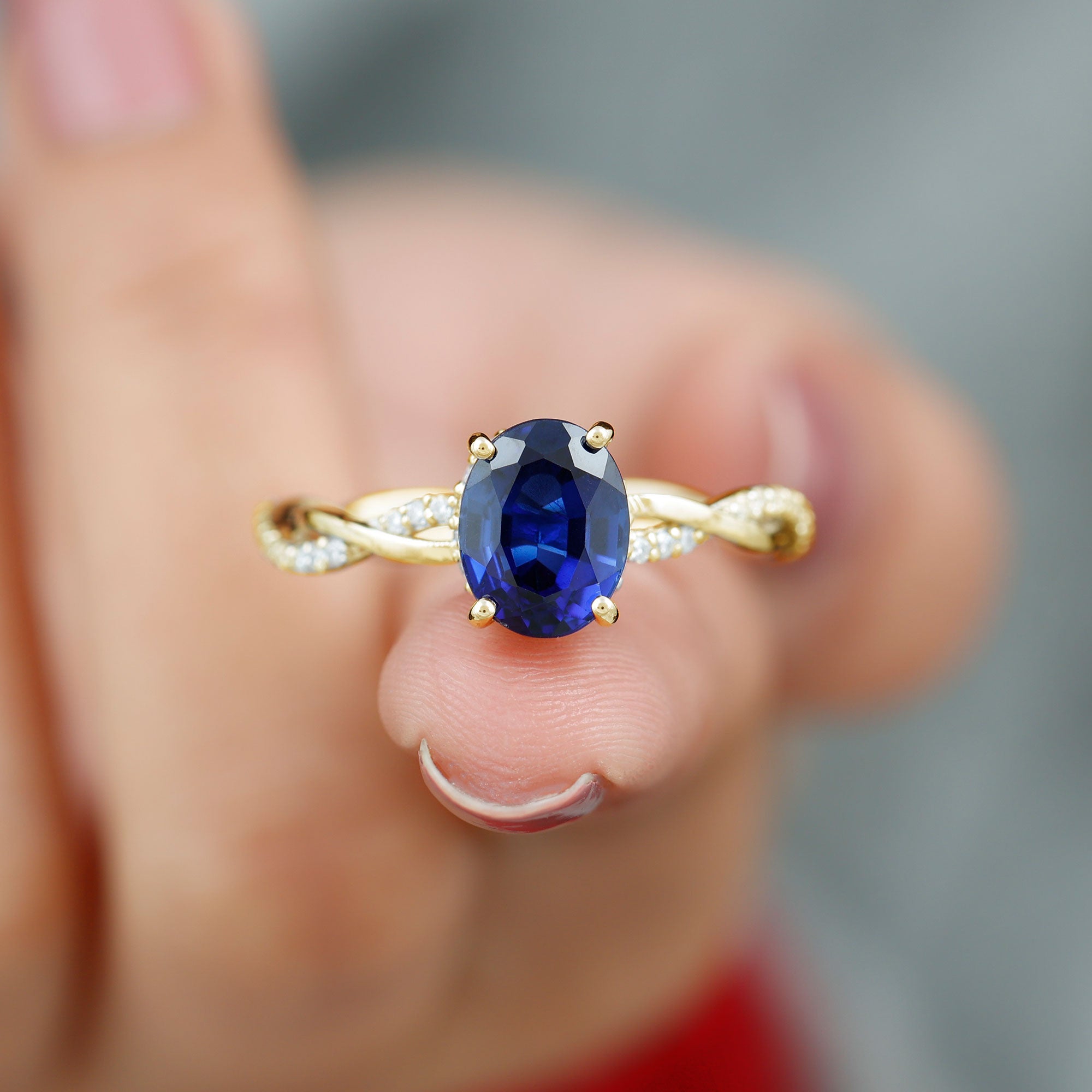 Oval Lab Grown Blue Sapphire Solitaire Braided Ring with Diamond Lab Created Blue Sapphire - ( AAAA ) - Quality - Rosec Jewels