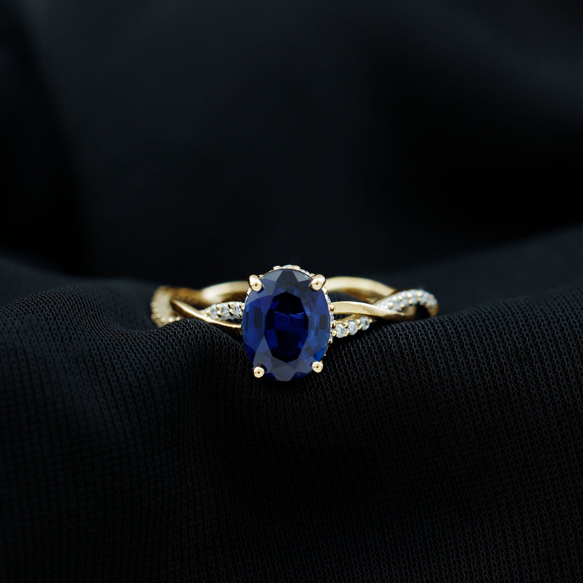 Oval Lab Grown Blue Sapphire Solitaire Braided Ring with Diamond Lab Created Blue Sapphire - ( AAAA ) - Quality - Rosec Jewels