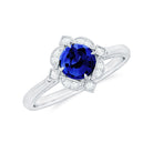 3/4 CT Vintage Created Blue Sapphire and Diamond Engagement Ring Lab Created Blue Sapphire - ( AAAA ) - Quality - Rosec Jewels