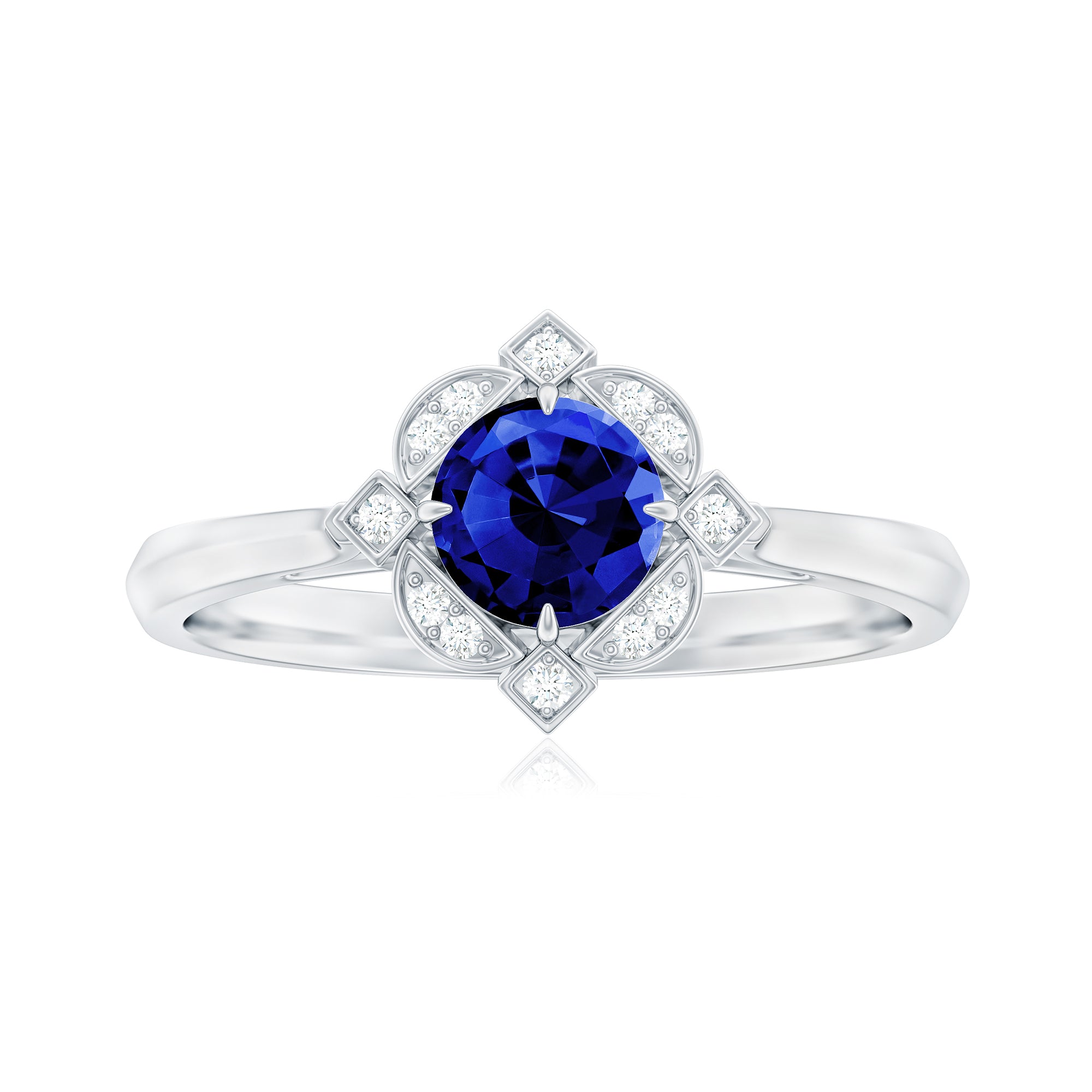 3/4 CT Vintage Created Blue Sapphire and Diamond Engagement Ring Lab Created Blue Sapphire - ( AAAA ) - Quality - Rosec Jewels