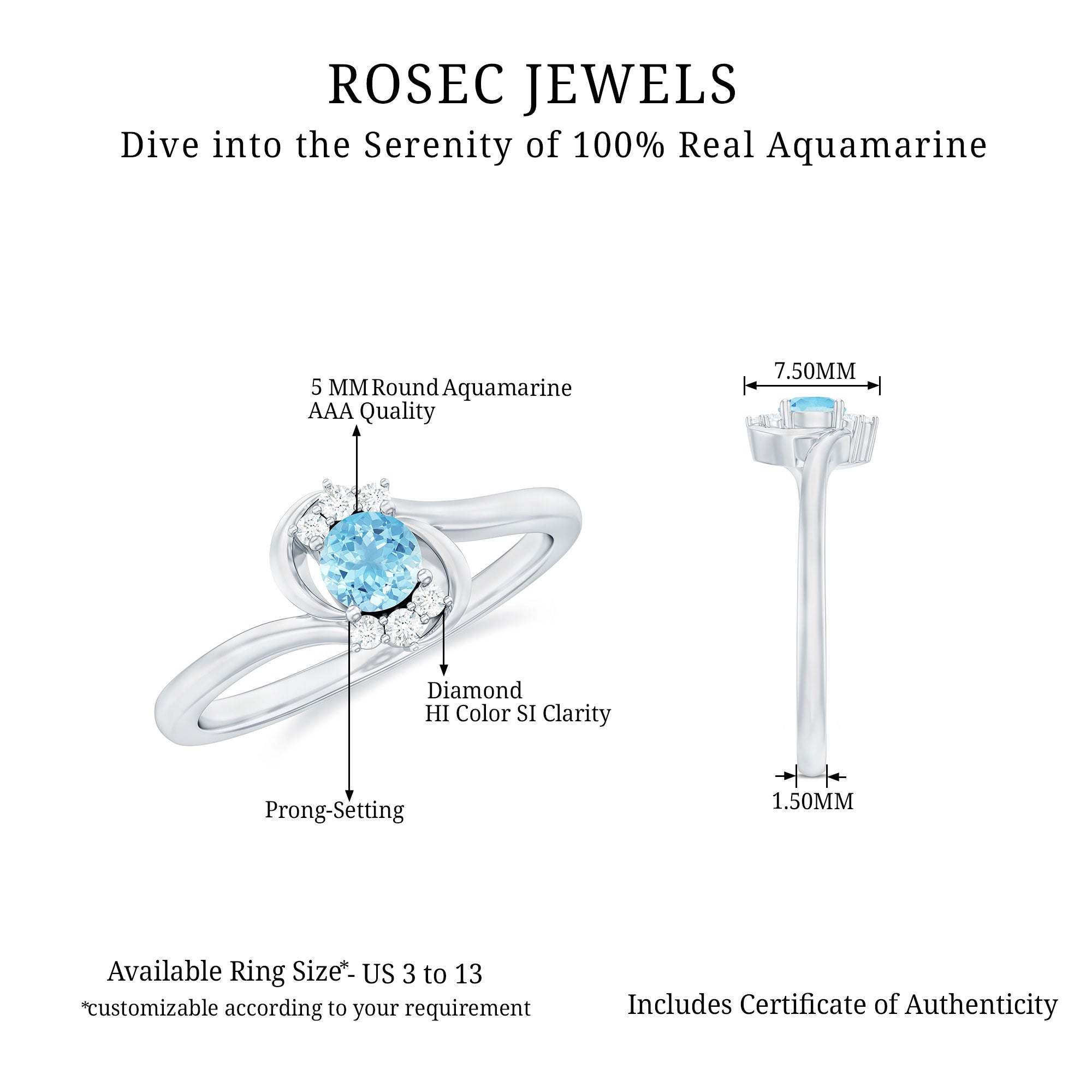 Aquamarine and Diamond Bypass Promise Ring Aquamarine - ( AAA ) - Quality - Rosec Jewels