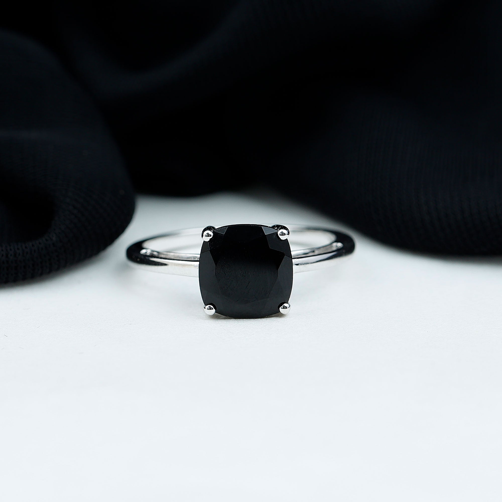 Rosec Jewels-7 MM Cushion Cut Black Onyx Solitaire Ring in 4 Prong Setting