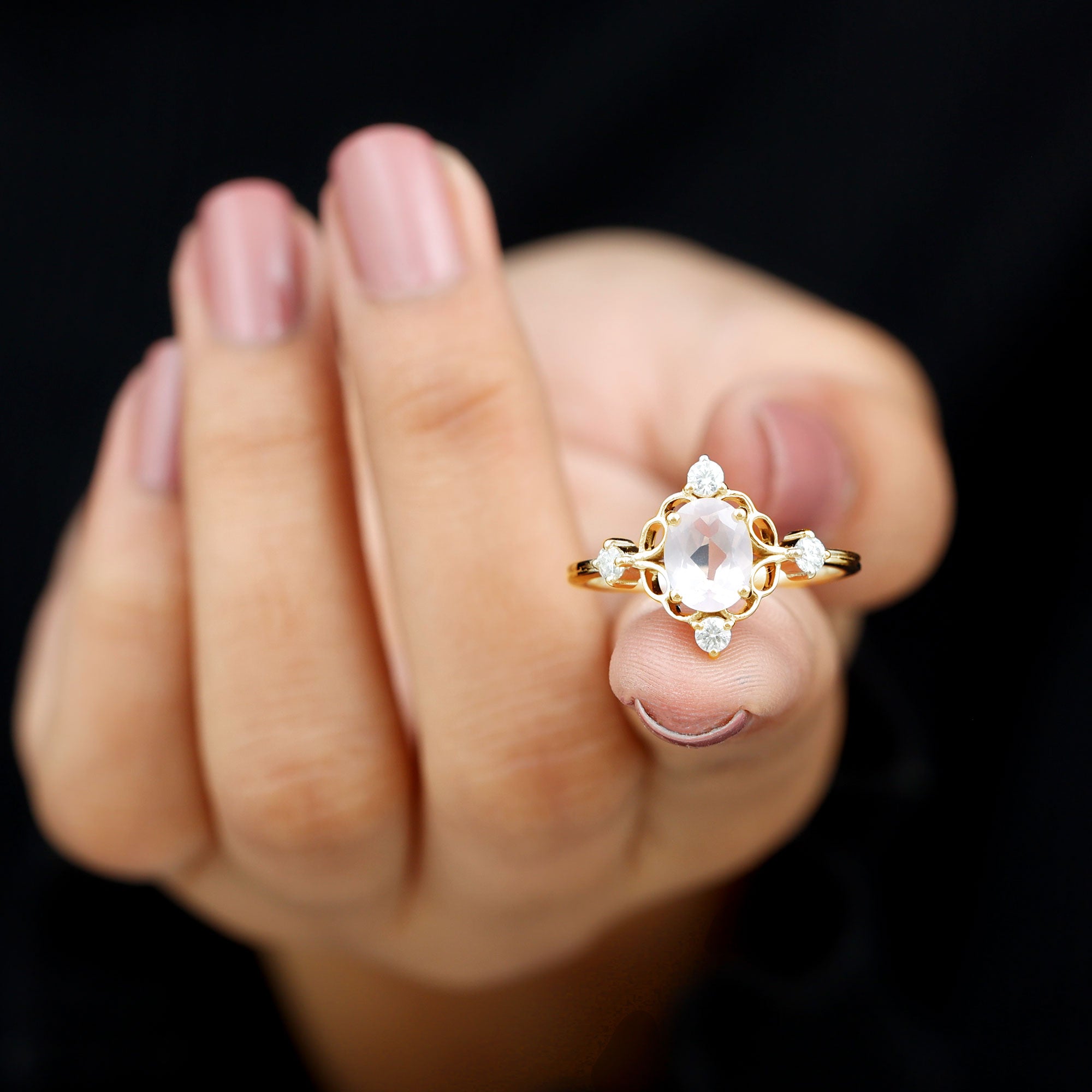 1.25 CT Oval Shape Rose Quartz and Diamond Cocktail Ring Rose Quartz - ( AAA ) - Quality - Rosec Jewels