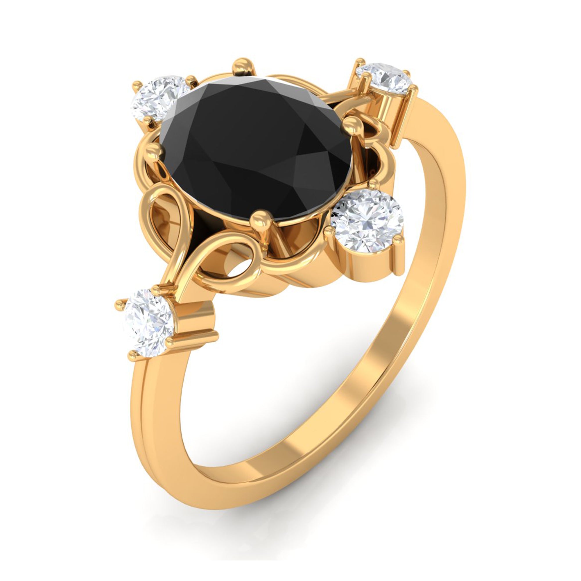 Oval Black Spinel Cocktail Ring with Diamond Black Spinel - ( AAA ) - Quality - Rosec Jewels