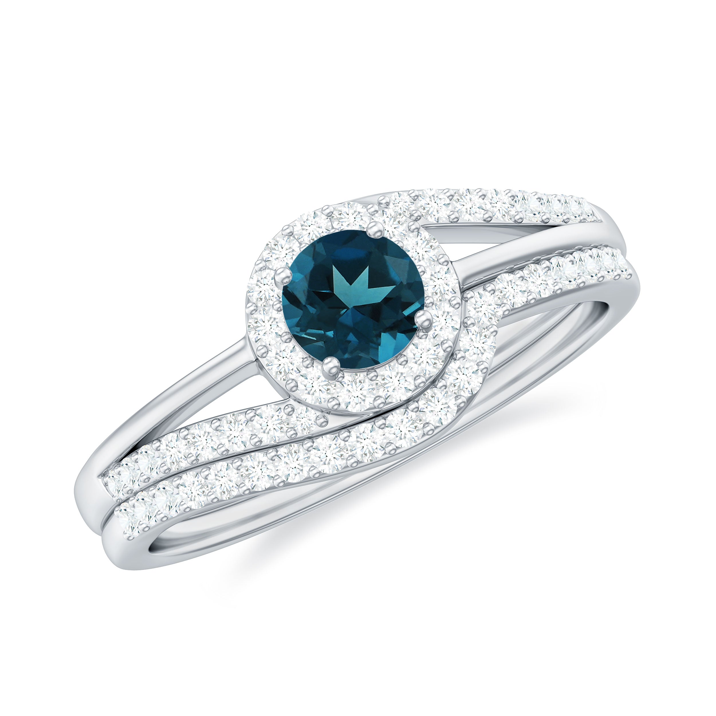 1 CT Minimal London Blue Topaz Engagement Ring Set with Diamond Enhancer London Blue Topaz - ( AAA ) - Quality - Rosec Jewels