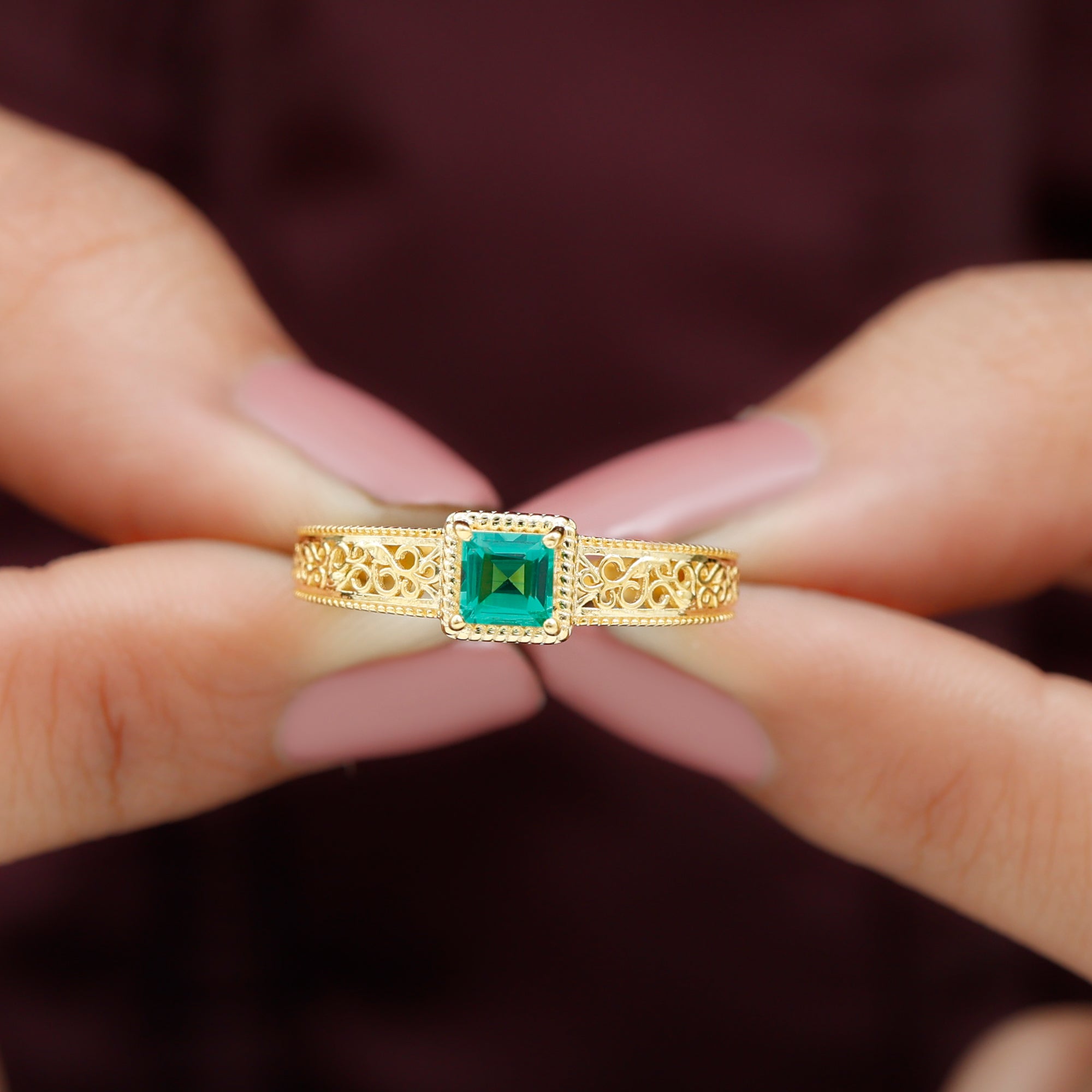 Princess Cut Lab Grown Emerald Solitaire Filigree Engagement Ring Lab Created Emerald - ( AAAA ) - Quality - Rosec Jewels