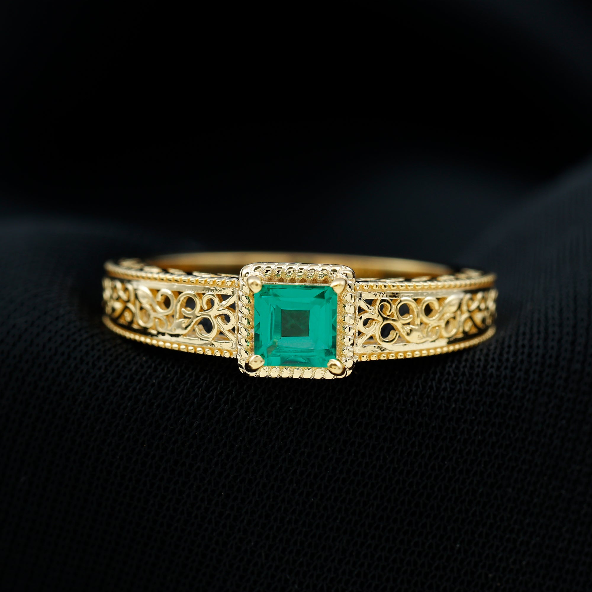 Princess Cut Lab Grown Emerald Solitaire Filigree Engagement Ring Lab Created Emerald - ( AAAA ) - Quality - Rosec Jewels