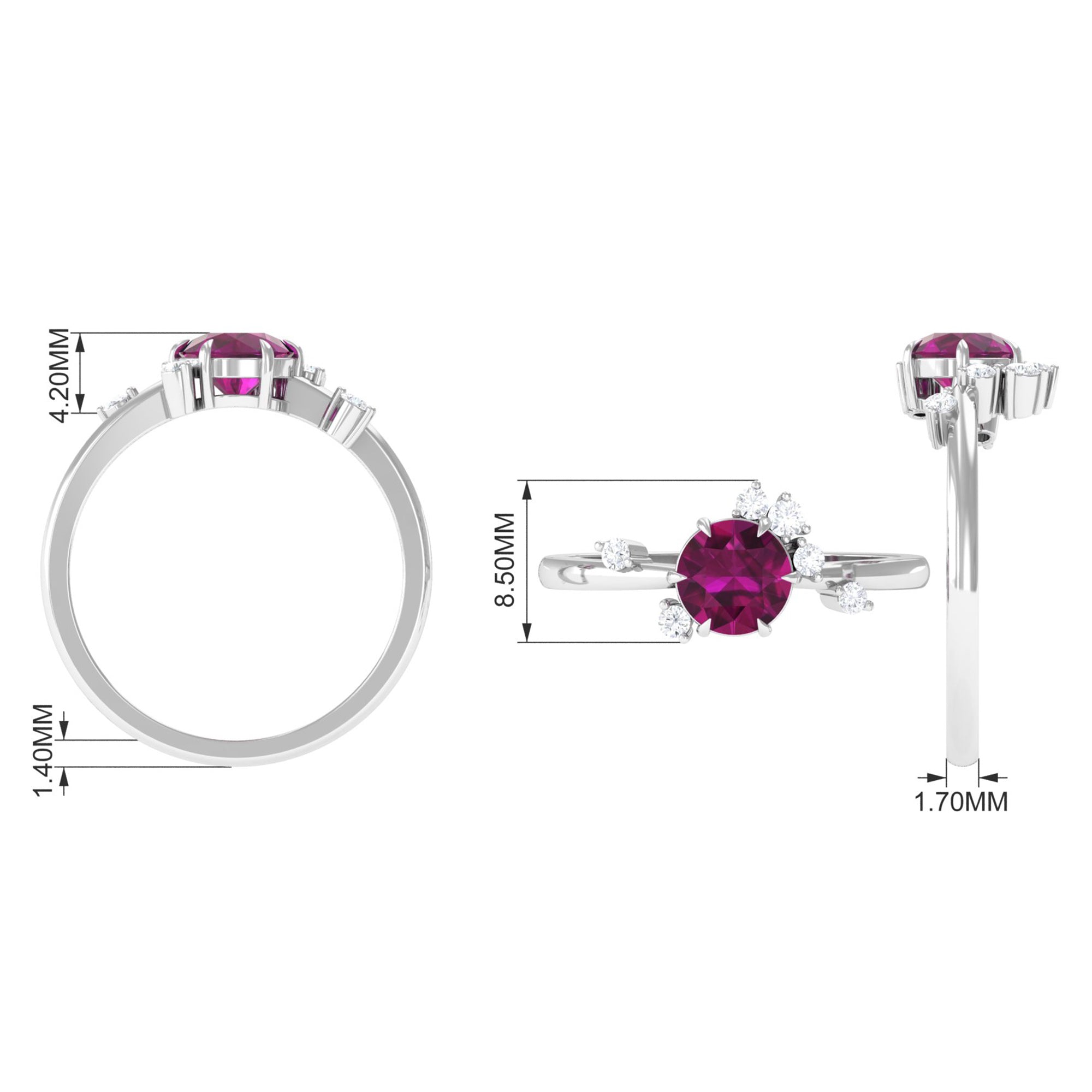 Claw Set Round Shape Rhodolite Solitaire Promise Ring with Scatter Diamond Rhodolite - ( AAA ) - Quality - Rosec Jewels