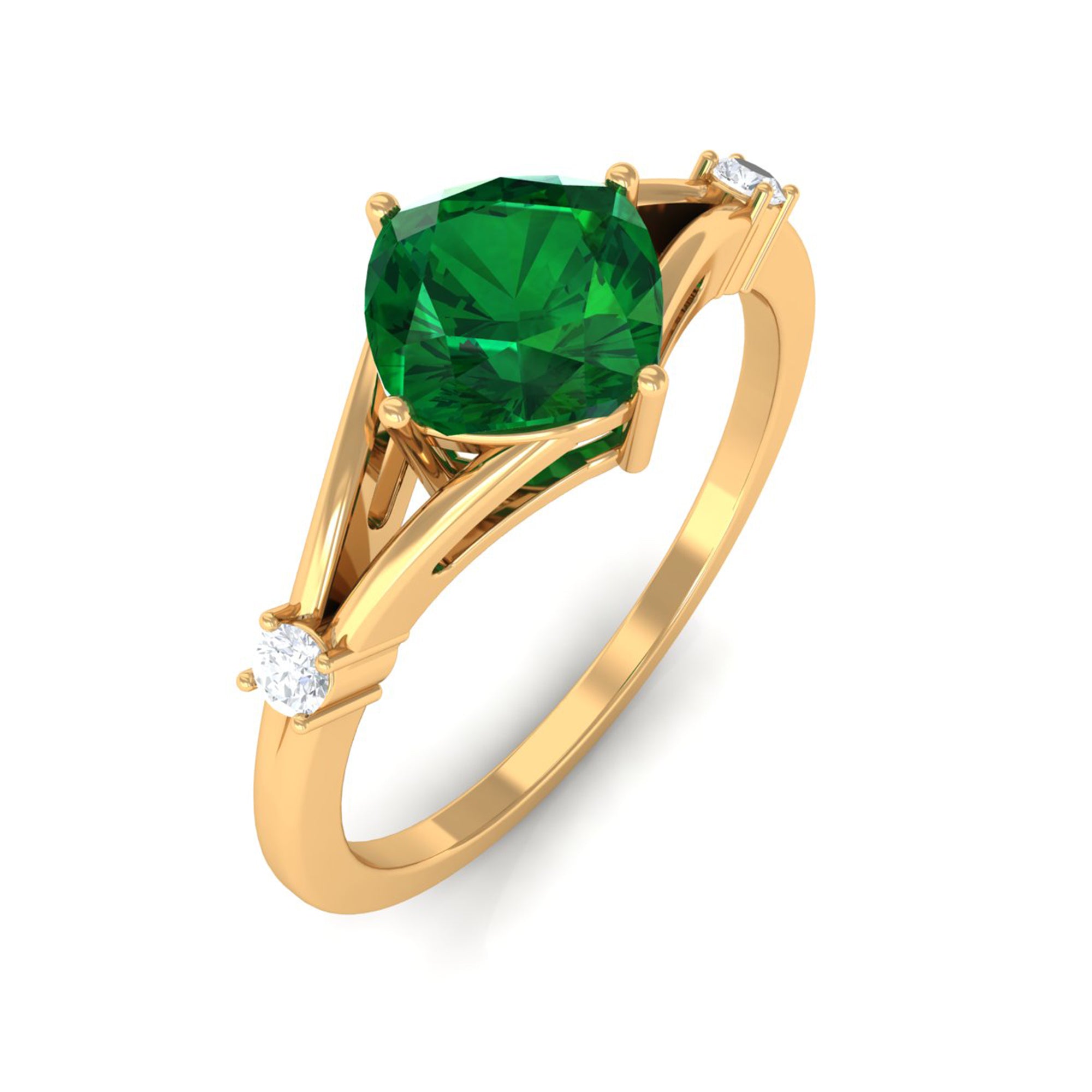 1 CT Cushion Cut Created Emerald Engagement Ring with Diamond in Split Shank Lab Created Emerald - ( AAAA ) - Quality - Rosec Jewels