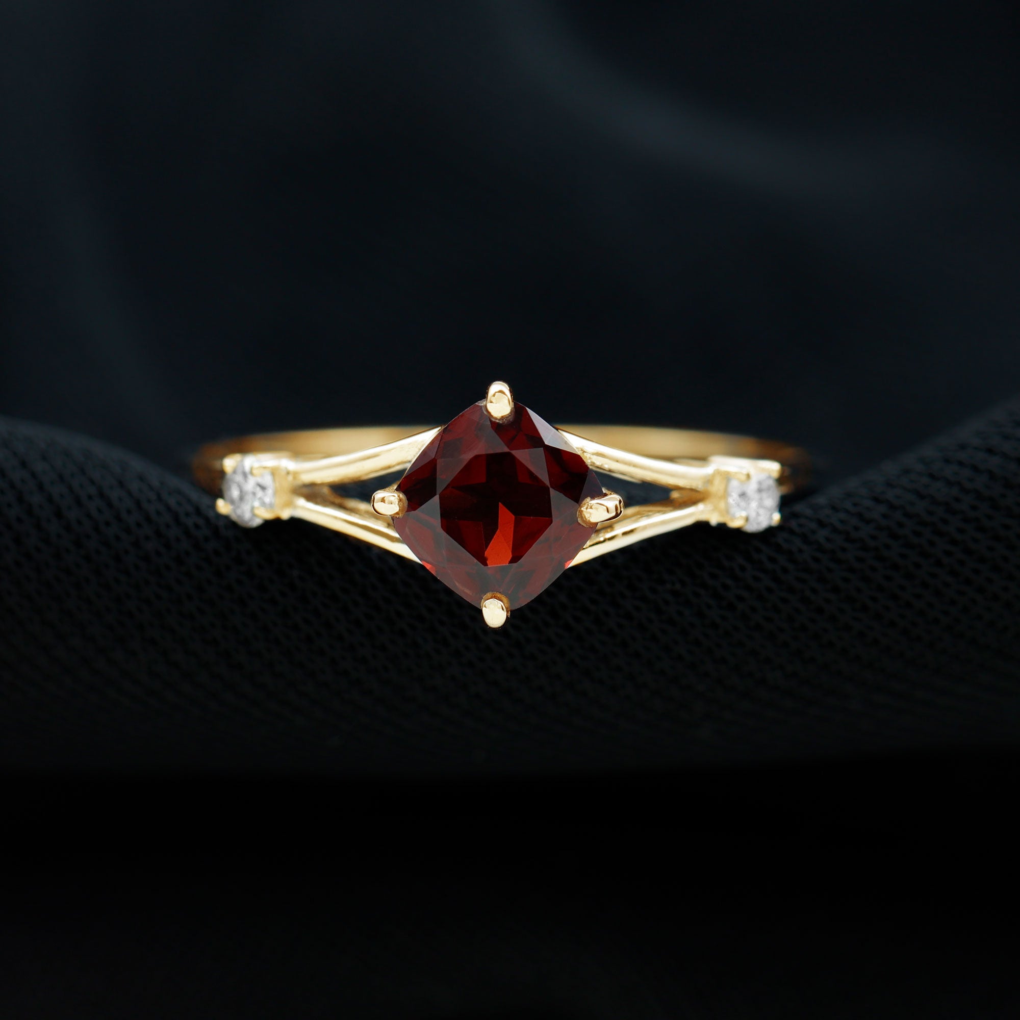 Cushion Cut Garnet Solitaire Split Shank Ring with Diamond Garnet - ( AAA ) - Quality - Rosec Jewels