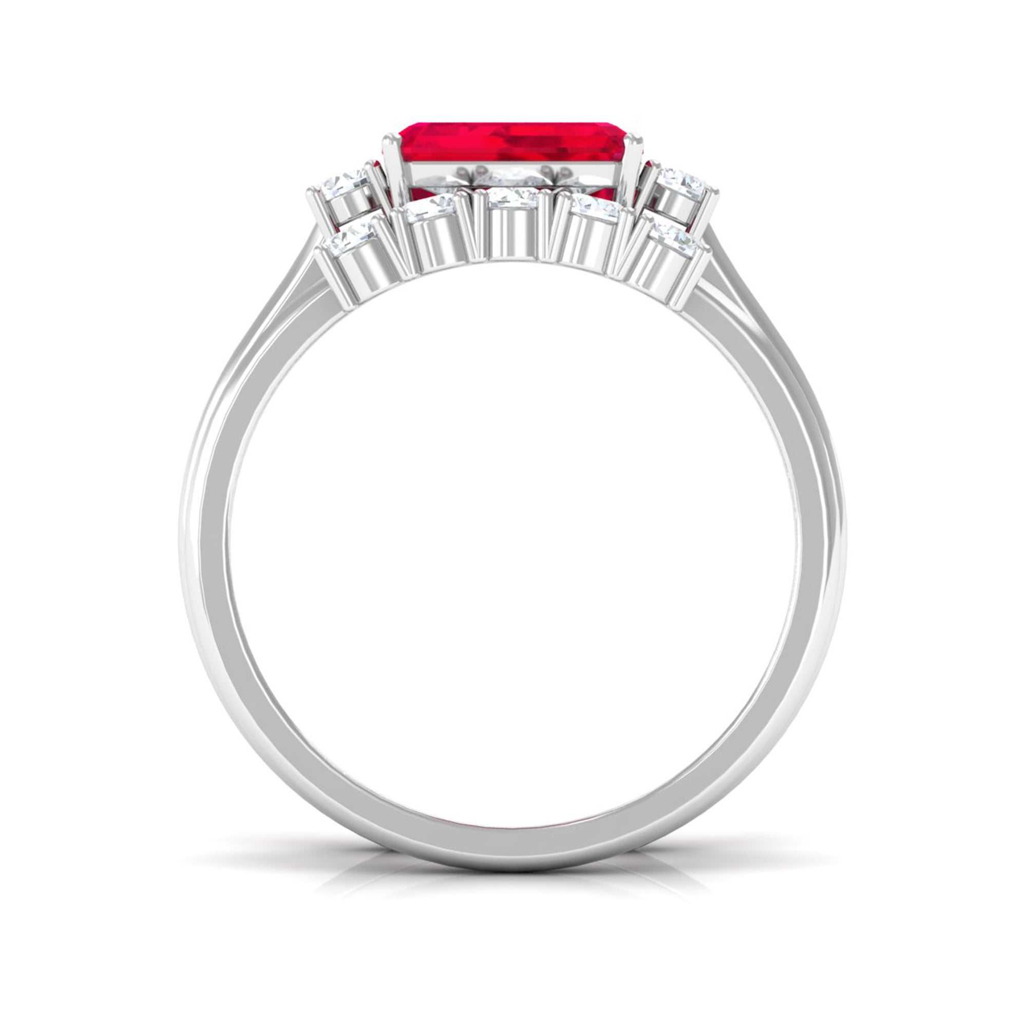 Emerald Cut Created Ruby Contemporary Wedding Ring Set with Diamond Lab Created Ruby - ( AAAA ) - Quality - Rosec Jewels