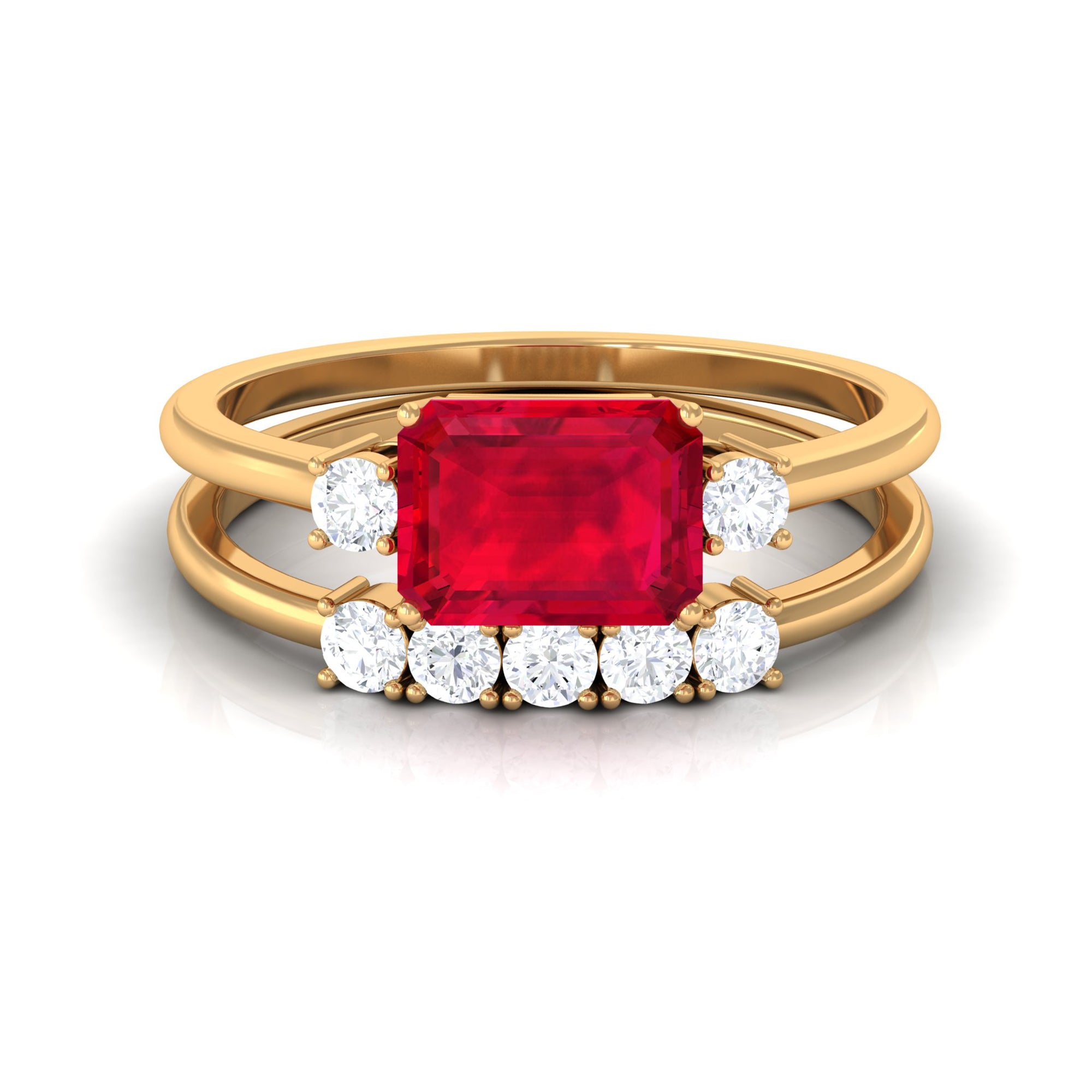 Emerald Cut Created Ruby Contemporary Wedding Ring Set with Diamond Lab Created Ruby - ( AAAA ) - Quality - Rosec Jewels