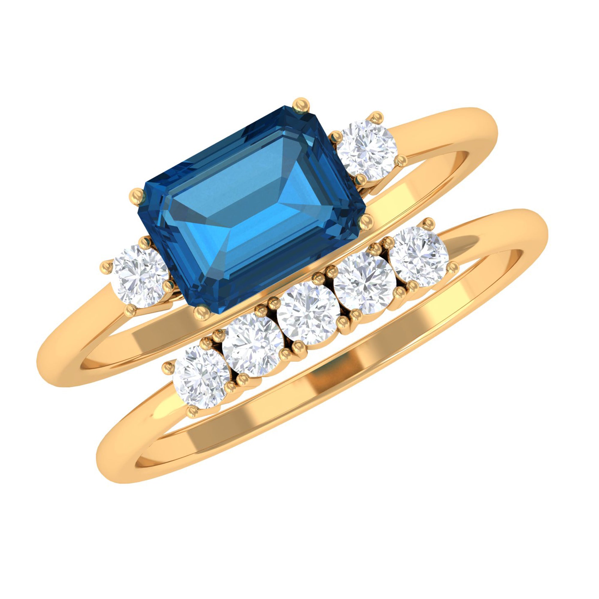 Octagon Cut London Blue Topaz Contemporary Wedding Ring Set with Diamond London Blue Topaz - ( AAA ) - Quality - Rosec Jewels