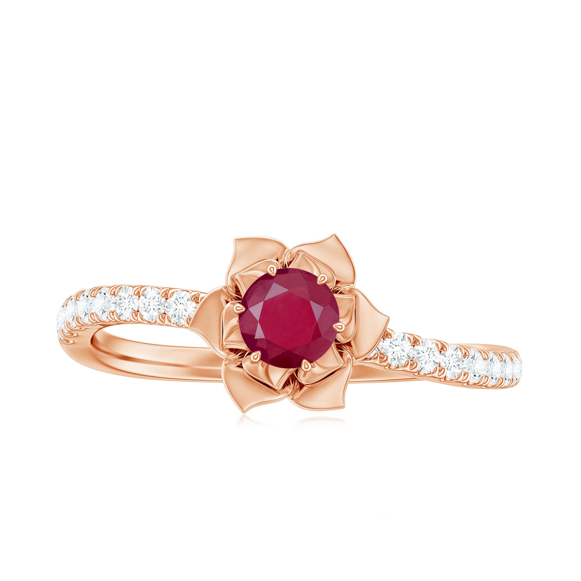 Floral Inspired Ruby Rose Engagement Ring with Diamond Ruby - ( AAA ) - Quality - Rosec Jewels