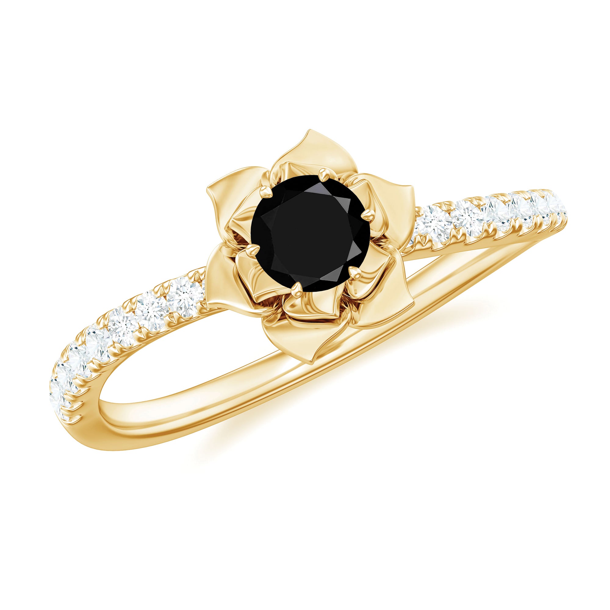 Real Black Diamond and Diamond Flower Engagement Ring Black Diamond - ( AAA ) - Quality - Rosec Jewels