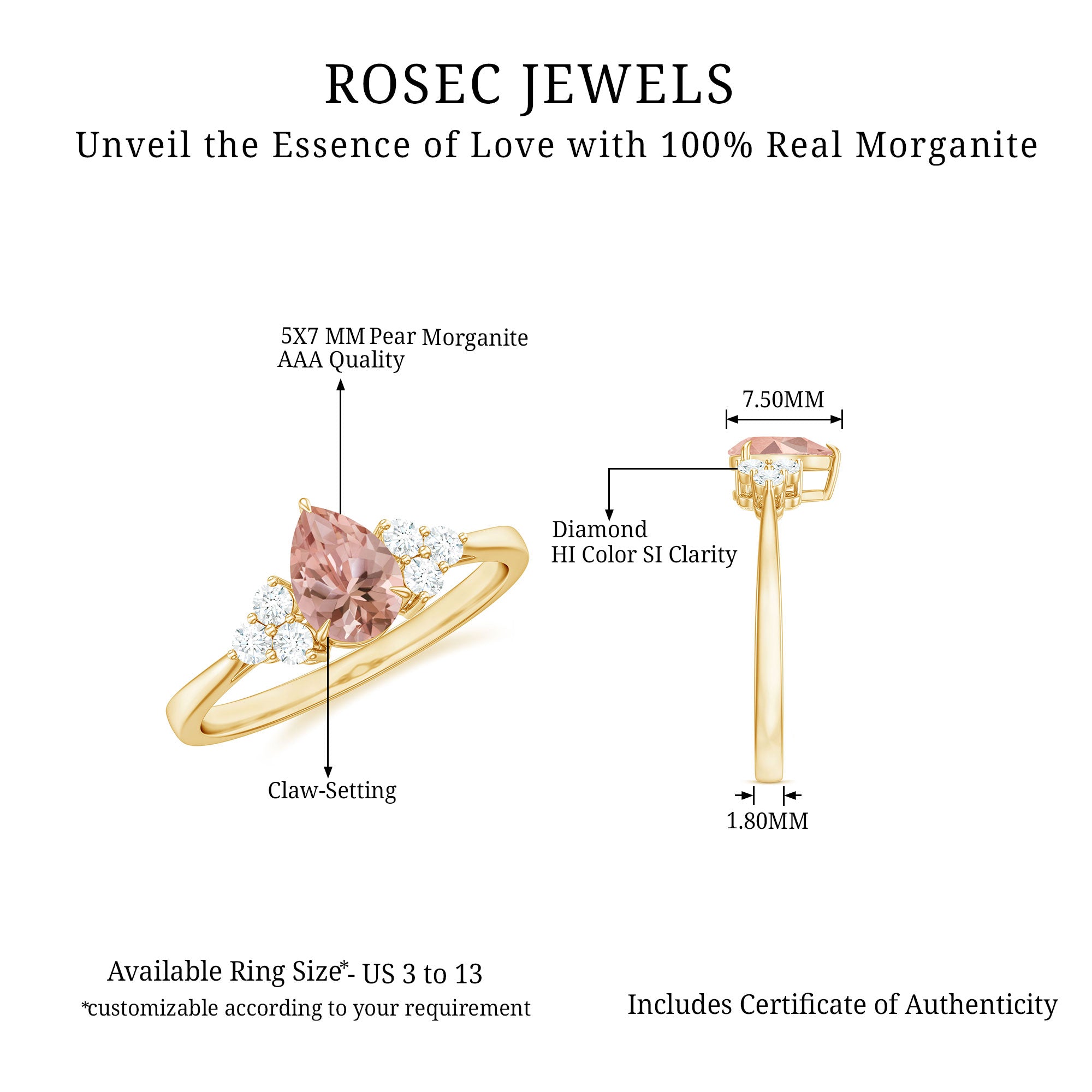 Pear Shaped Morganite Solitaire Ring with Diamond Trio Morganite - ( AAA ) - Quality - Rosec Jewels