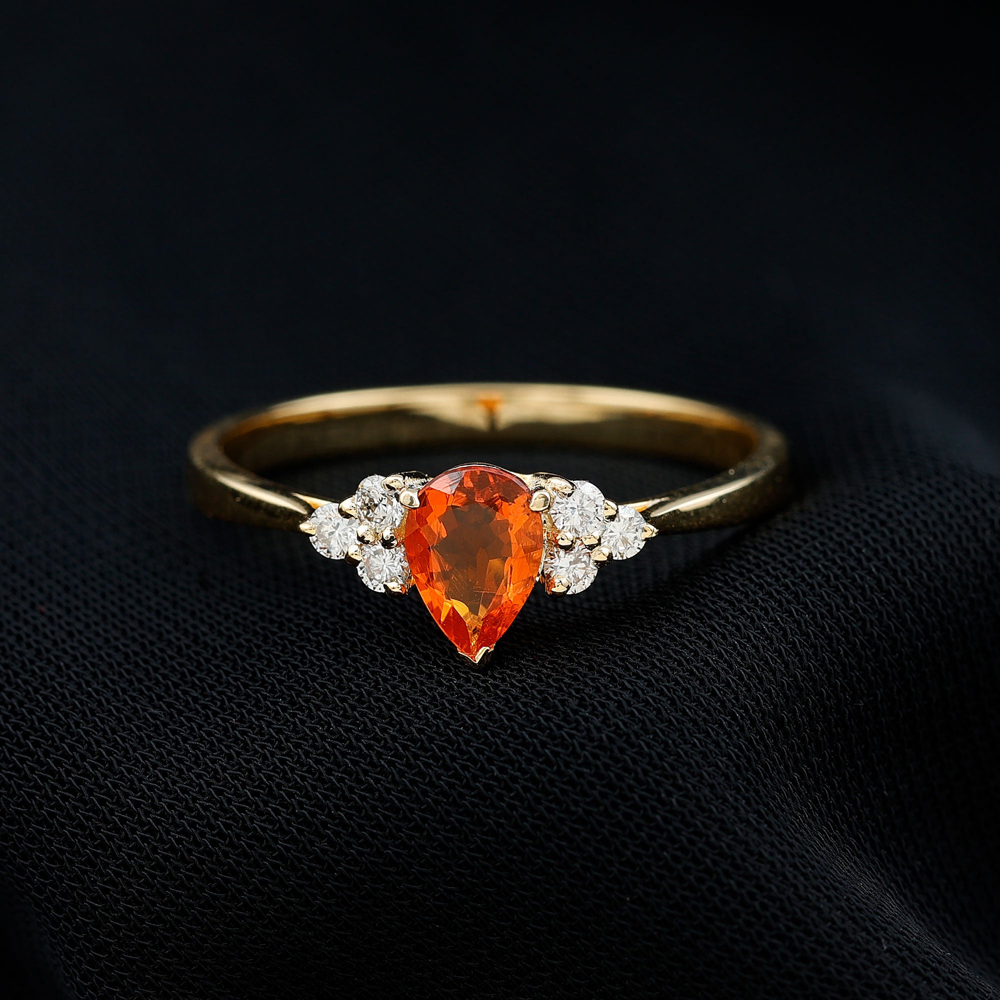 Pear Shaped Fire Opal Solitaire Ring with Diamond Trio Fire Opal - ( AAA ) - Quality - Rosec Jewels