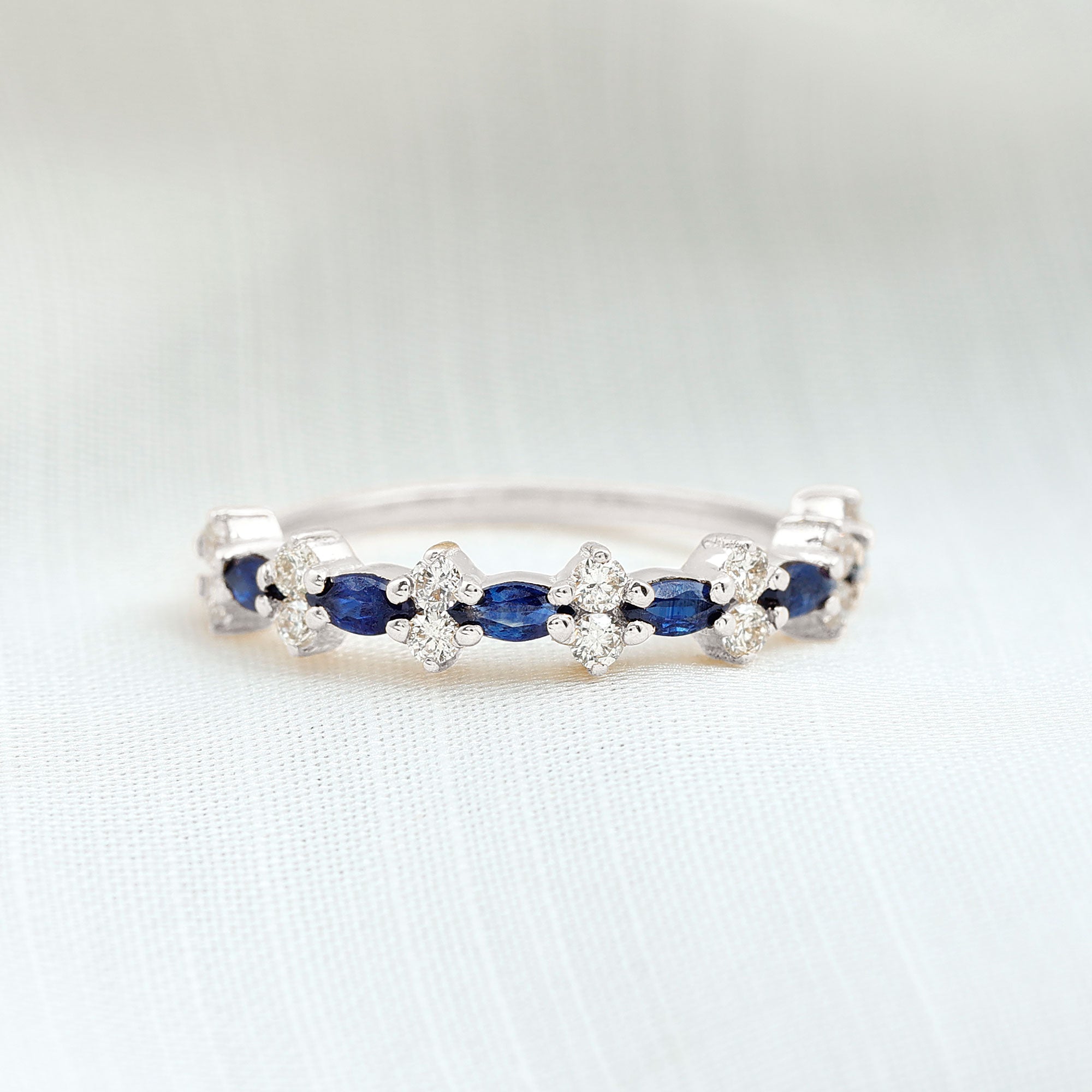 Classic Blue Sapphire and Diamond Half Eternity Ring Blue Sapphire - ( AAA ) - Quality - Rosec Jewels