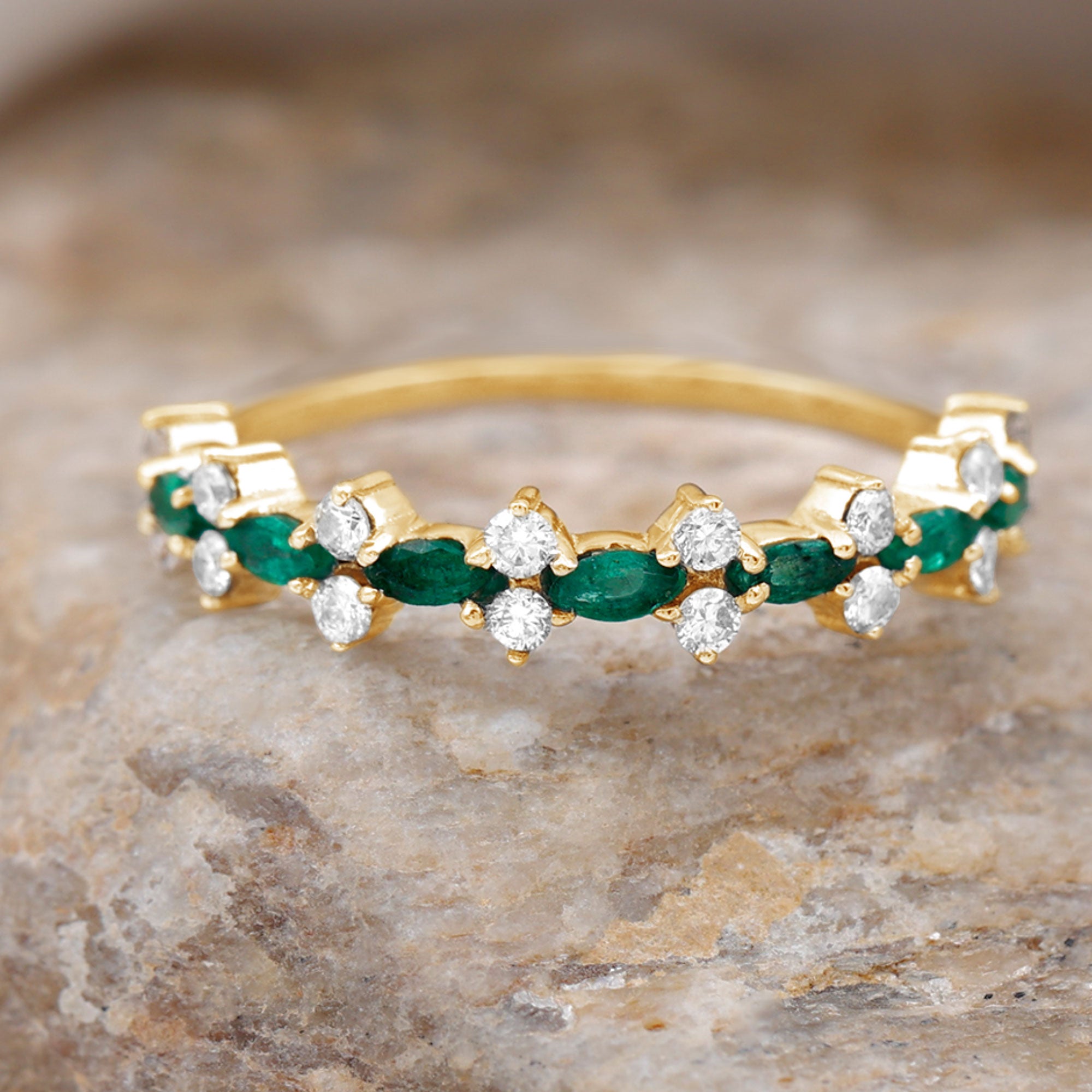 Green Emerald and Diamond Half Eternity Ring Emerald - ( AAA ) - Quality - Rosec Jewels