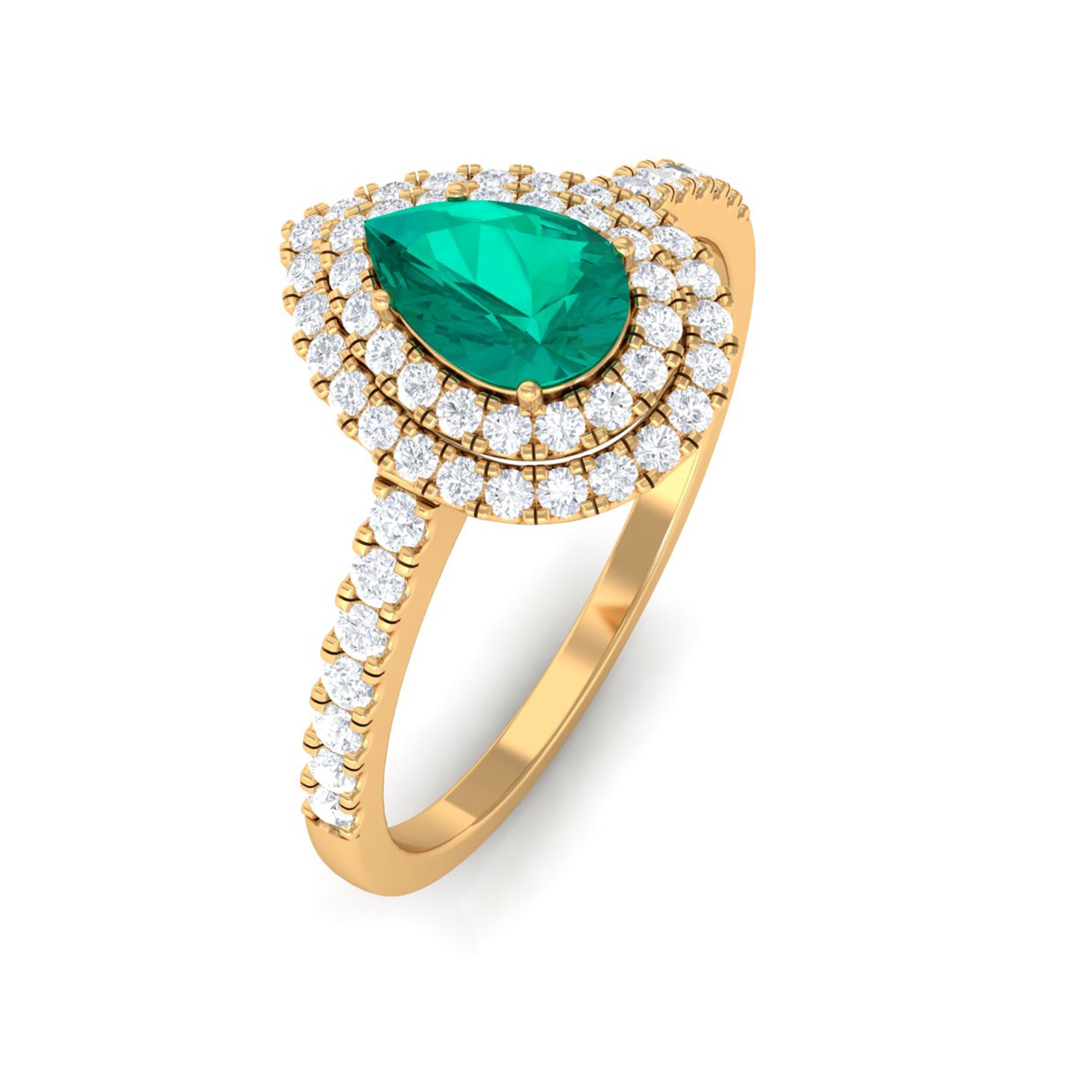 Pear Shape Emerald Engagement Ring with Diamond Double Halo Emerald - ( AAA ) - Quality - Rosec Jewels