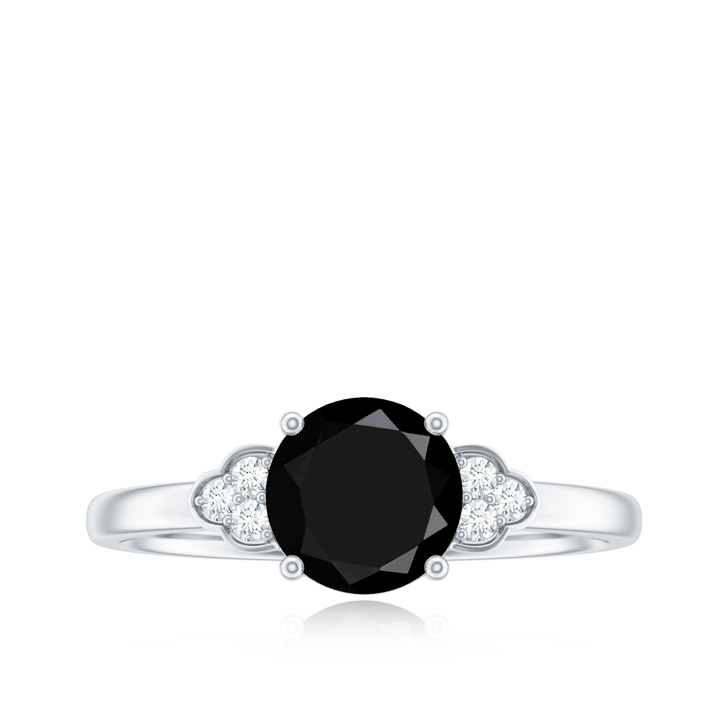 Real Black Onyx Solitaire Engagement Ring with Diamond Trio Black Onyx - ( AAA ) - Quality - Rosec Jewels