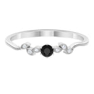 Round Black Spinel Minimal Leaf Promise Ring with Diamond in Gold Black Spinel - ( AAA ) - Quality - Rosec Jewels