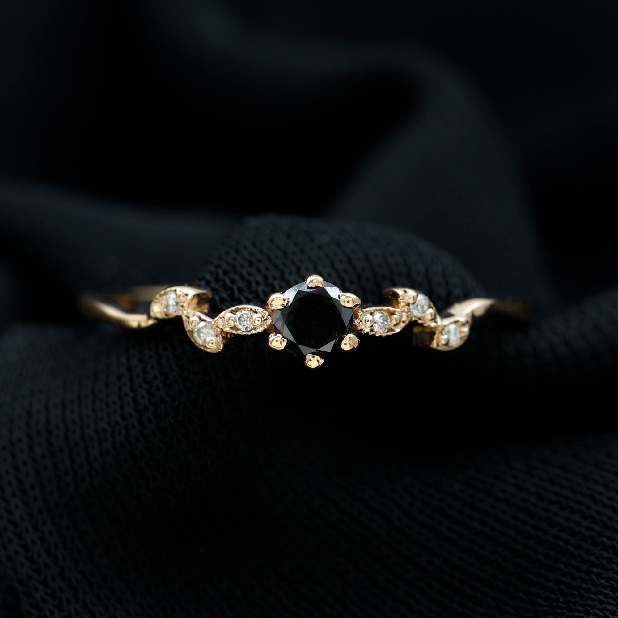 Round Black Spinel Minimal Leaf Promise Ring with Diamond in Gold Black Spinel - ( AAA ) - Quality - Rosec Jewels