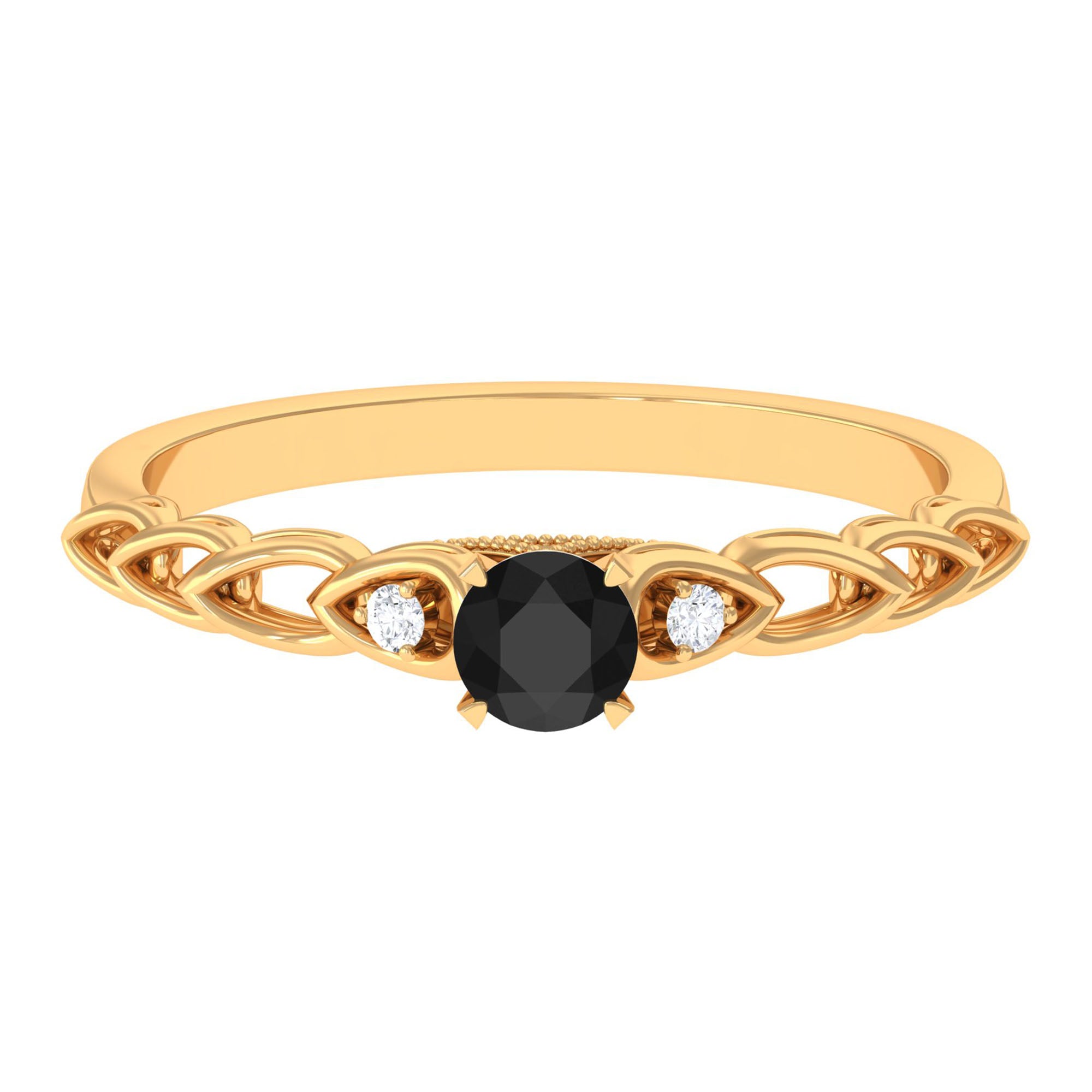 Round Created Black Diamond and Diamond Designer Promise Ring in Gold Lab Created Black Diamond - ( AAAA ) - Quality - Rosec Jewels