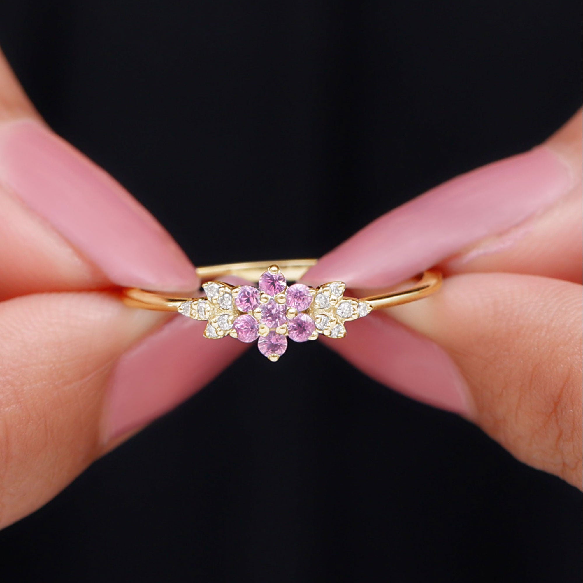 Pink Sapphire Flower Cluster Promise Ring with Diamond Pink Sapphire - ( AAA ) - Quality - Rosec Jewels