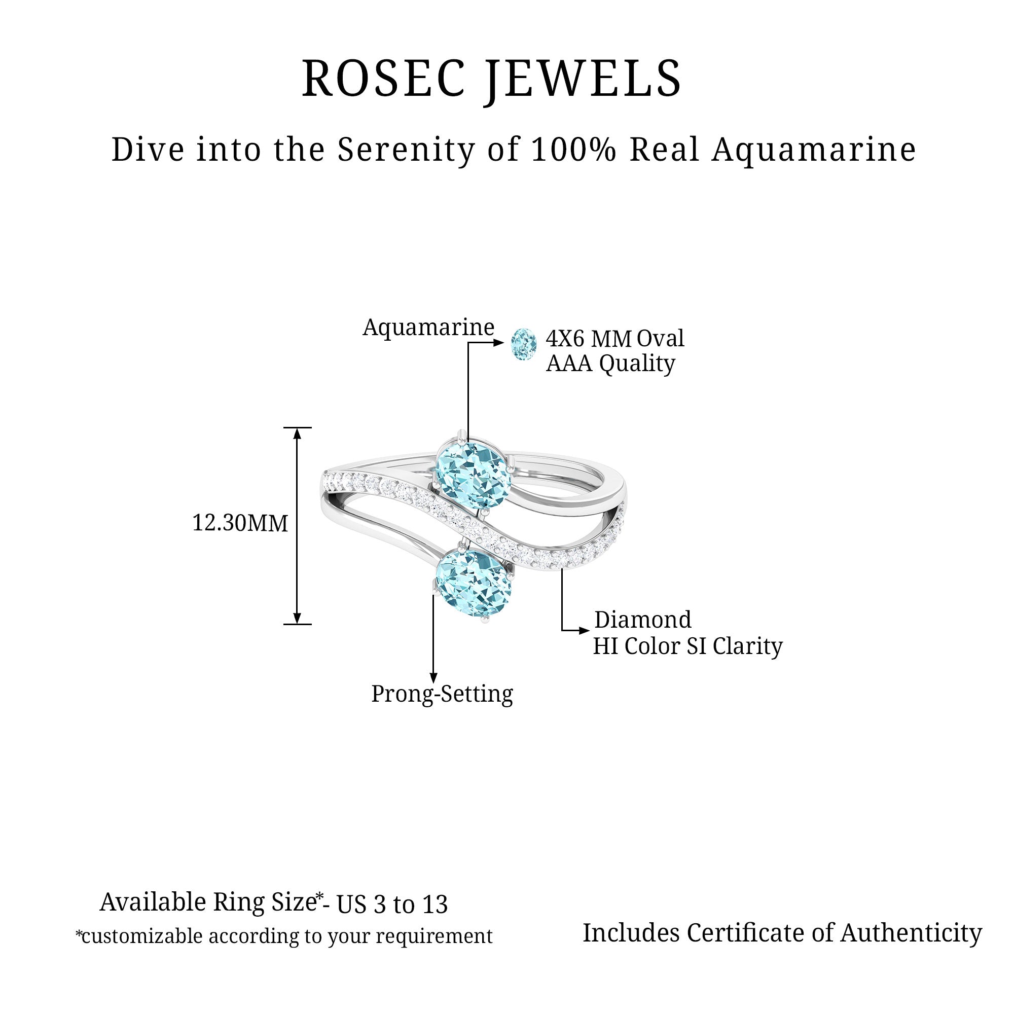 Two Stone Bypass Aquamarine Engagement Ring with Diamond Aquamarine - ( AAA ) - Quality - Rosec Jewels