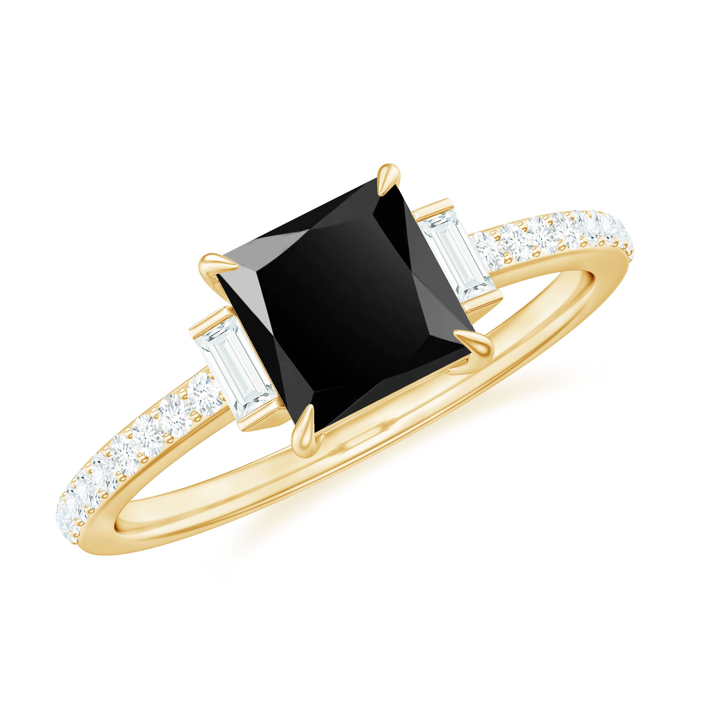 Princess Cut Created Black Diamond Solitaire Ring with Diamond Side Stones Lab Created Black Diamond - ( AAAA ) - Quality - Rosec Jewels