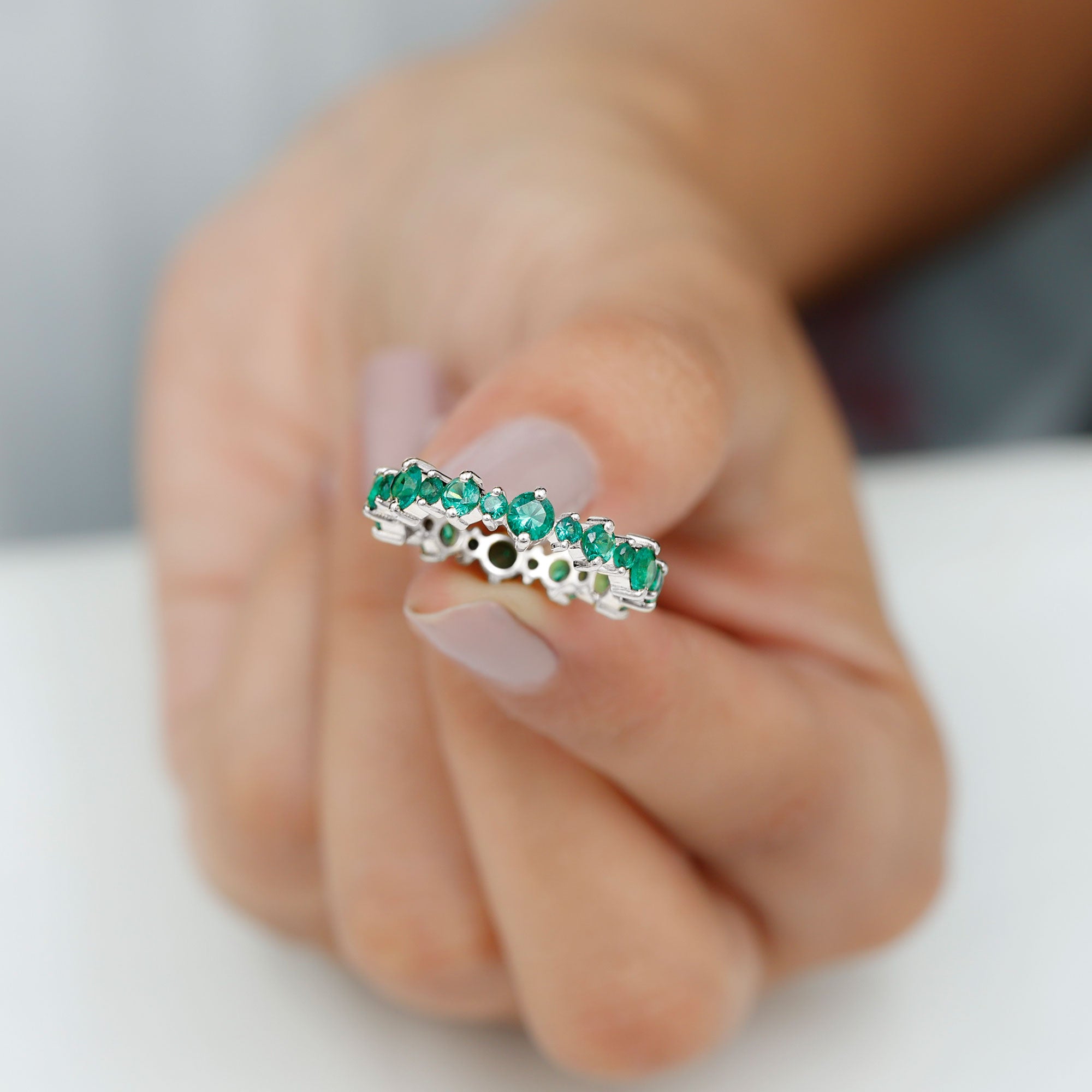 Lab Grown Emerald Round Eternity Band Ring Lab Created Emerald - ( AAAA ) - Quality - Rosec Jewels