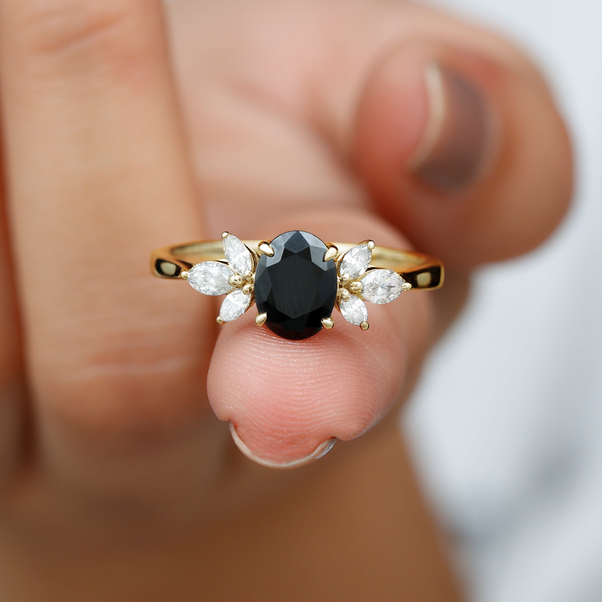 Claw Set Black Spinel Solitaire Ring with Marquise Diamond Trio Black Spinel - ( AAA ) - Quality - Rosec Jewels