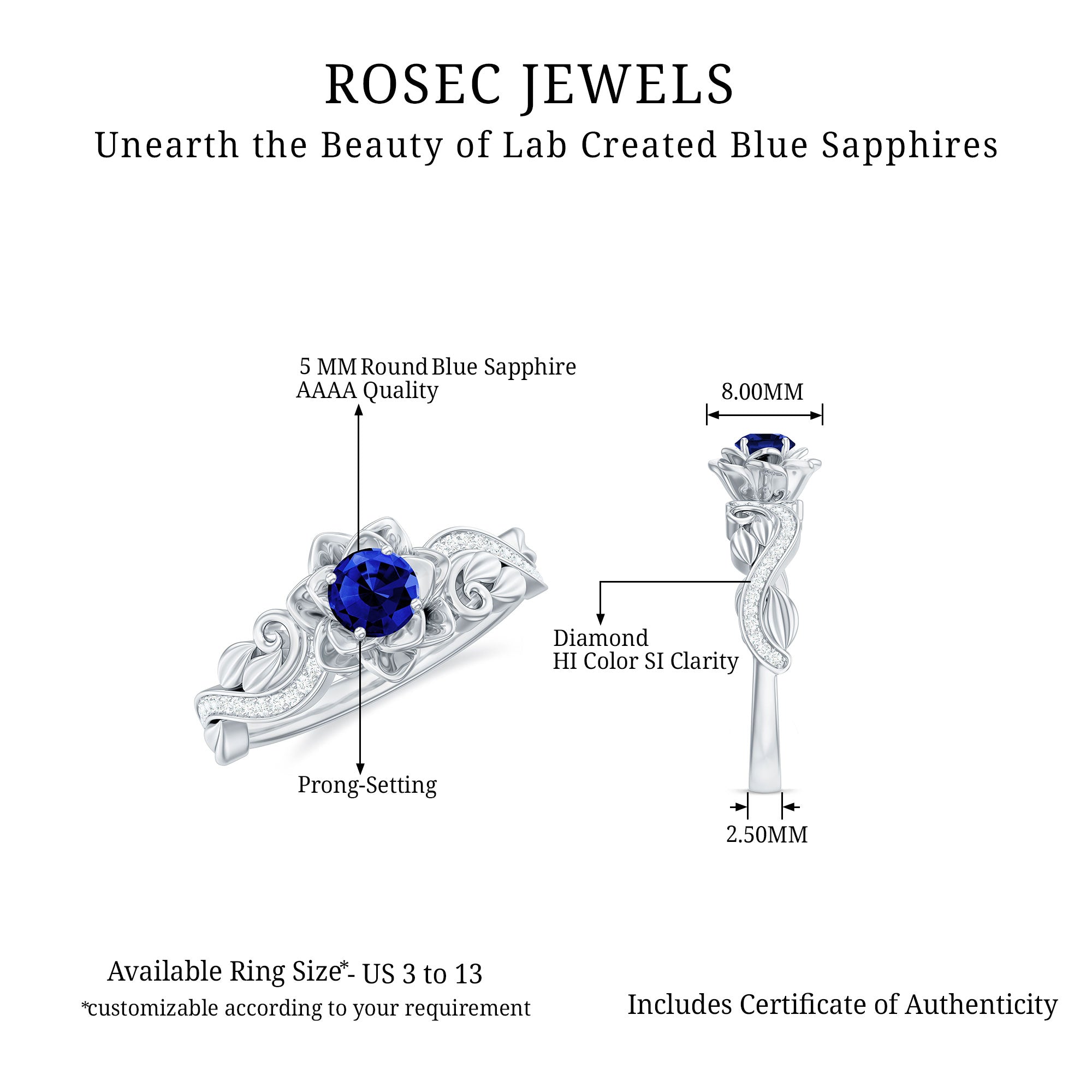 Flower Inspired Created Blue Sapphire and Diamond Engagement Ring Lab Created Blue Sapphire - ( AAAA ) - Quality - Rosec Jewels