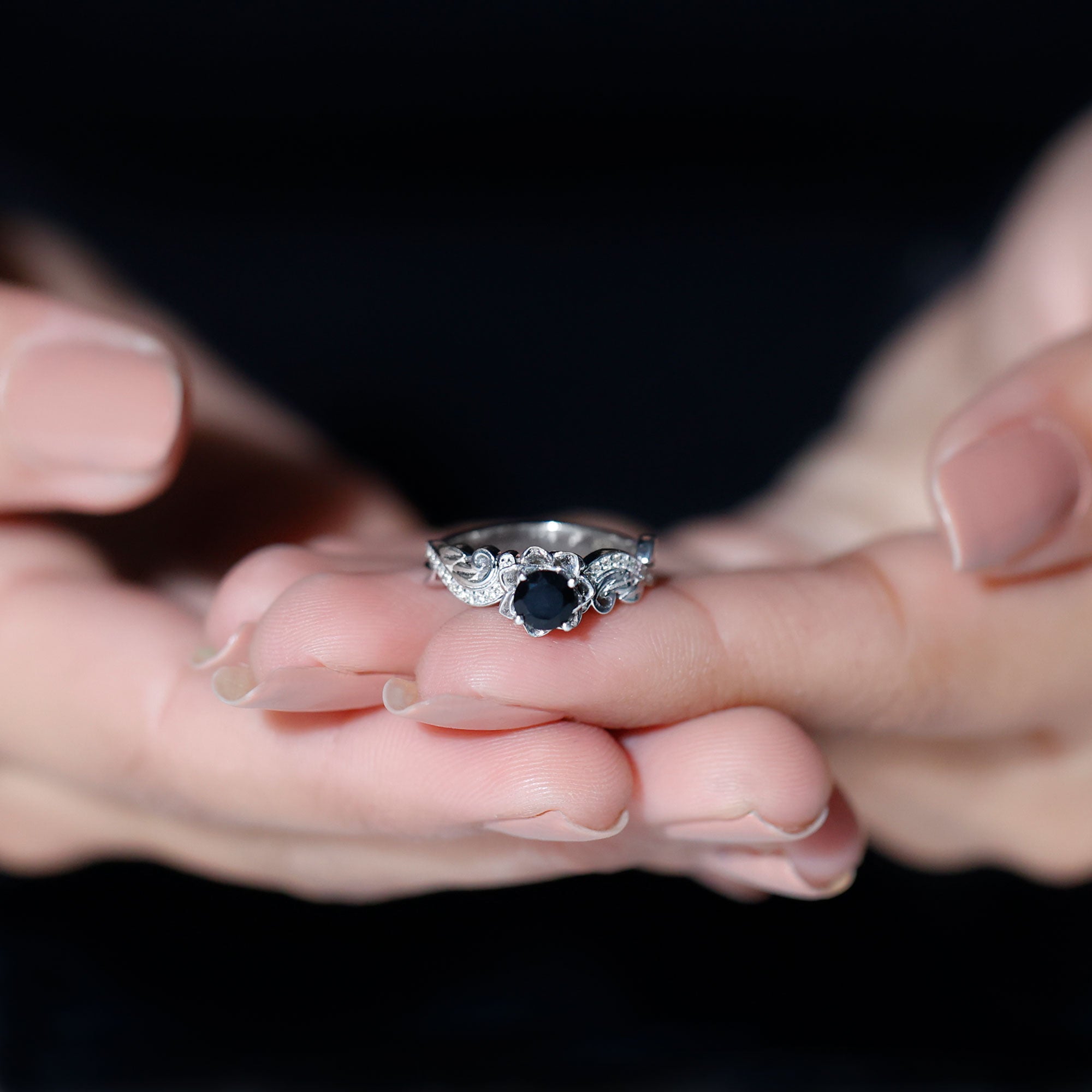 Flower Inspired Black Onyx and Diamond Engagement Ring Black Onyx - ( AAA ) - Quality 92.5 Sterling Silver 5 - Rosec Jewels