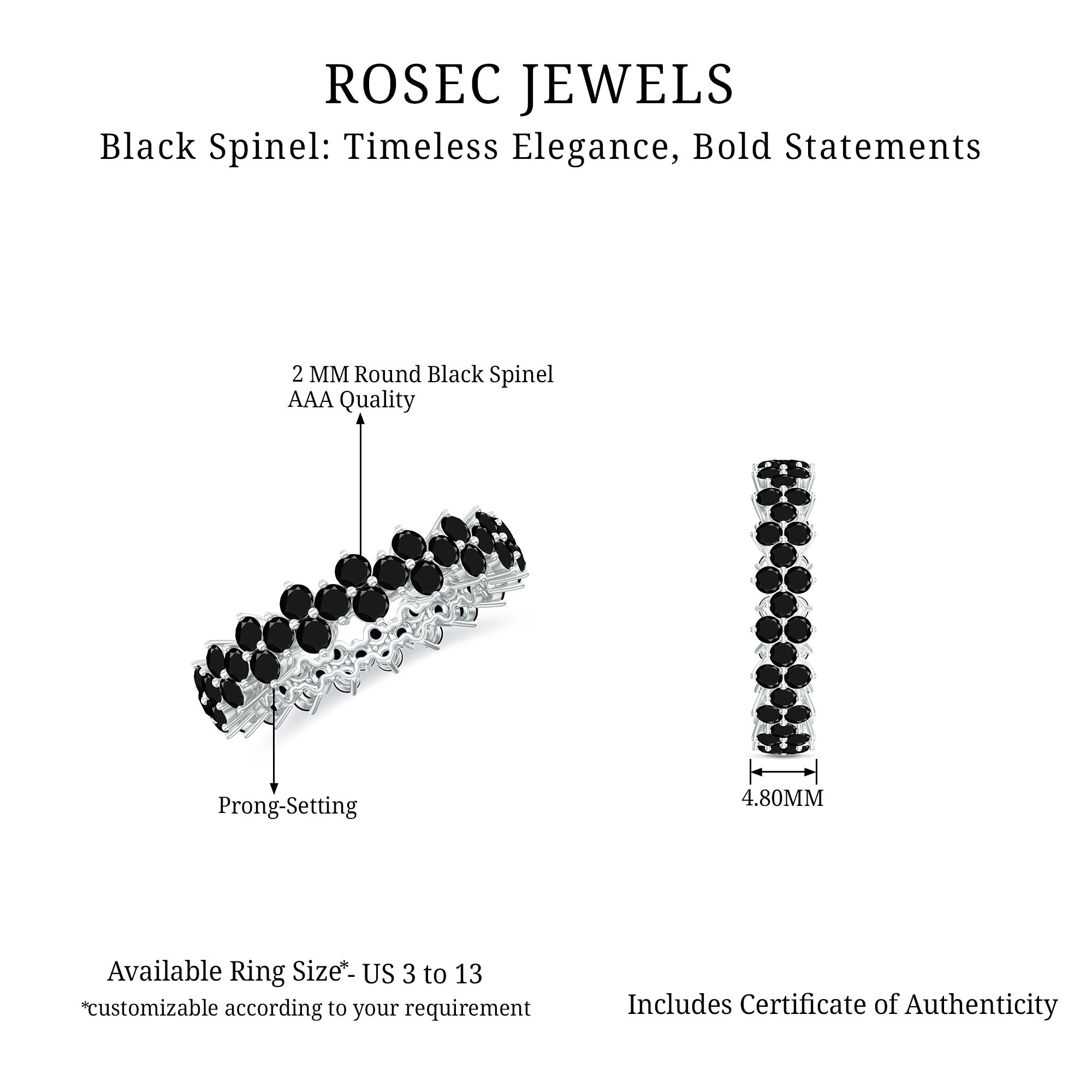 Round Black Spinel Cluster Eternity Ring in Prong Setting Black Spinel - ( AAA ) - Quality - Rosec Jewels